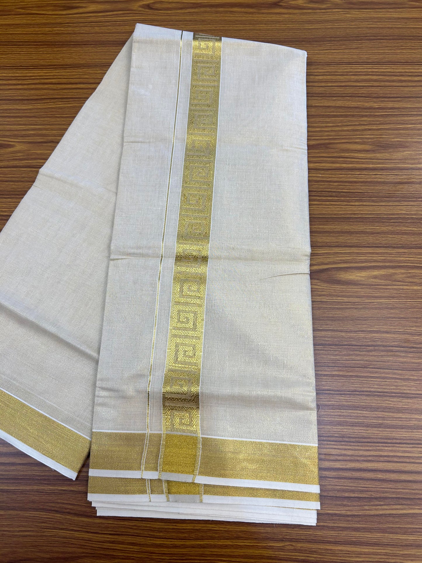 20% Discount! Kaitharikada Balaramapuram Mixed Cotton - Gold Kasav Tissue Material Double Dhoti/Mund - (60s) - 1.75 inch Gold Kasav Design kara 4 mtr (8.5 muzham) - 34 KK5362 GAN