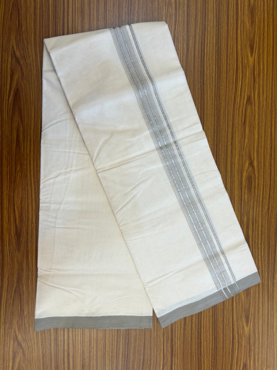 20% Discount KaithariKada Balaramapuram 100% Cotton Double Off white - (Unbleached) - Mundu/Dhoti - 100x100 - 1.25 inch Silver Kasav & Dark Beige Shaded Striped Kara - 3 KK5303 ASH