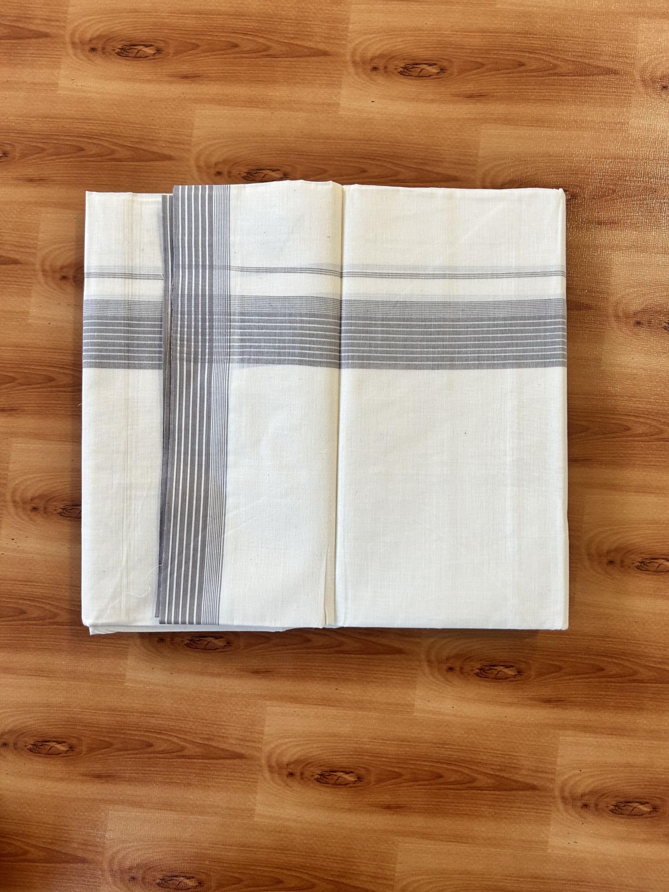 Double Off White (Unbleached) Mundu/Dhoti - 20% Discount! KaithariKada 100% Cotton - 100X80 - 1.5 inch Ash Grey Stripes Kara 4 mtr (8.5 Muzham) - 30 KK5451 THI