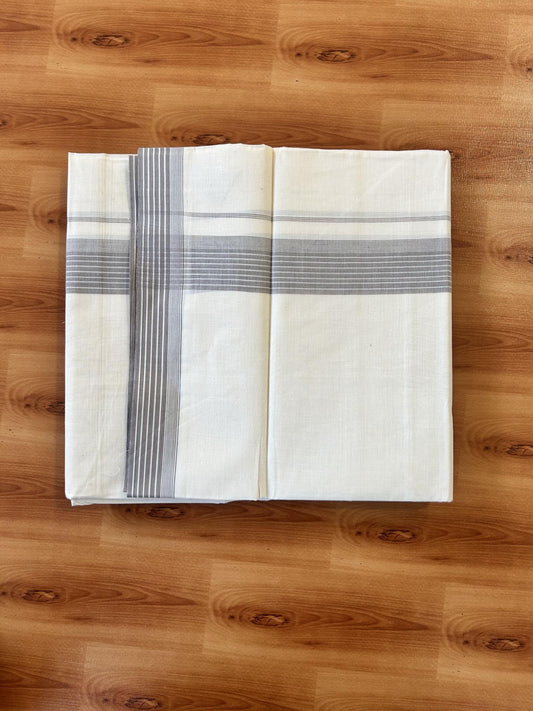 Double Off White (Unbleached) Mundu/Dhoti - 20% Discount! KaithariKada 100% Cotton - 100X80 - 1.5 inch Ash Grey Stripes Kara 4 mtr (8.5 Muzham) - 30 KK5451 THI