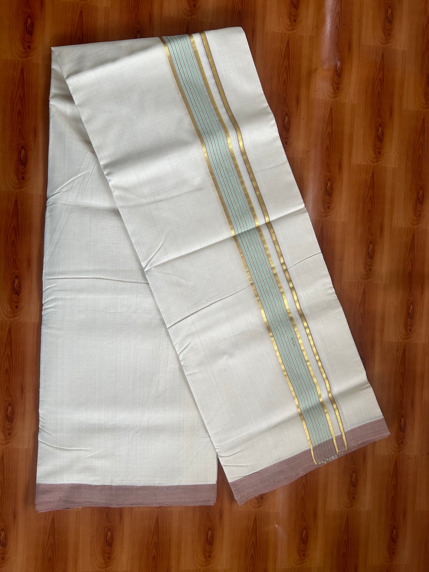 25% Discount ! KaithariKada Handloom Unakkupaav - Kerala Handloom - 100% Pure Cotton Off White (Unbleached) Double Mundu/Dhoti - 100x80 - 1.5 inch Gold Kasav & Light Green & Peanut Brown striped Kara 4 mtr (8.5 Muzham) - 59 KK5380 SOM