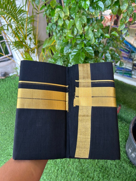 25% Discount! KaithariKada Handloom UNAKKUPAAV Balaramapuram - 100% Cotton Double Mundu/Dhoti - Black Colour Body - 2 inch Gold Kasavu Design - 17KK5176ABH
