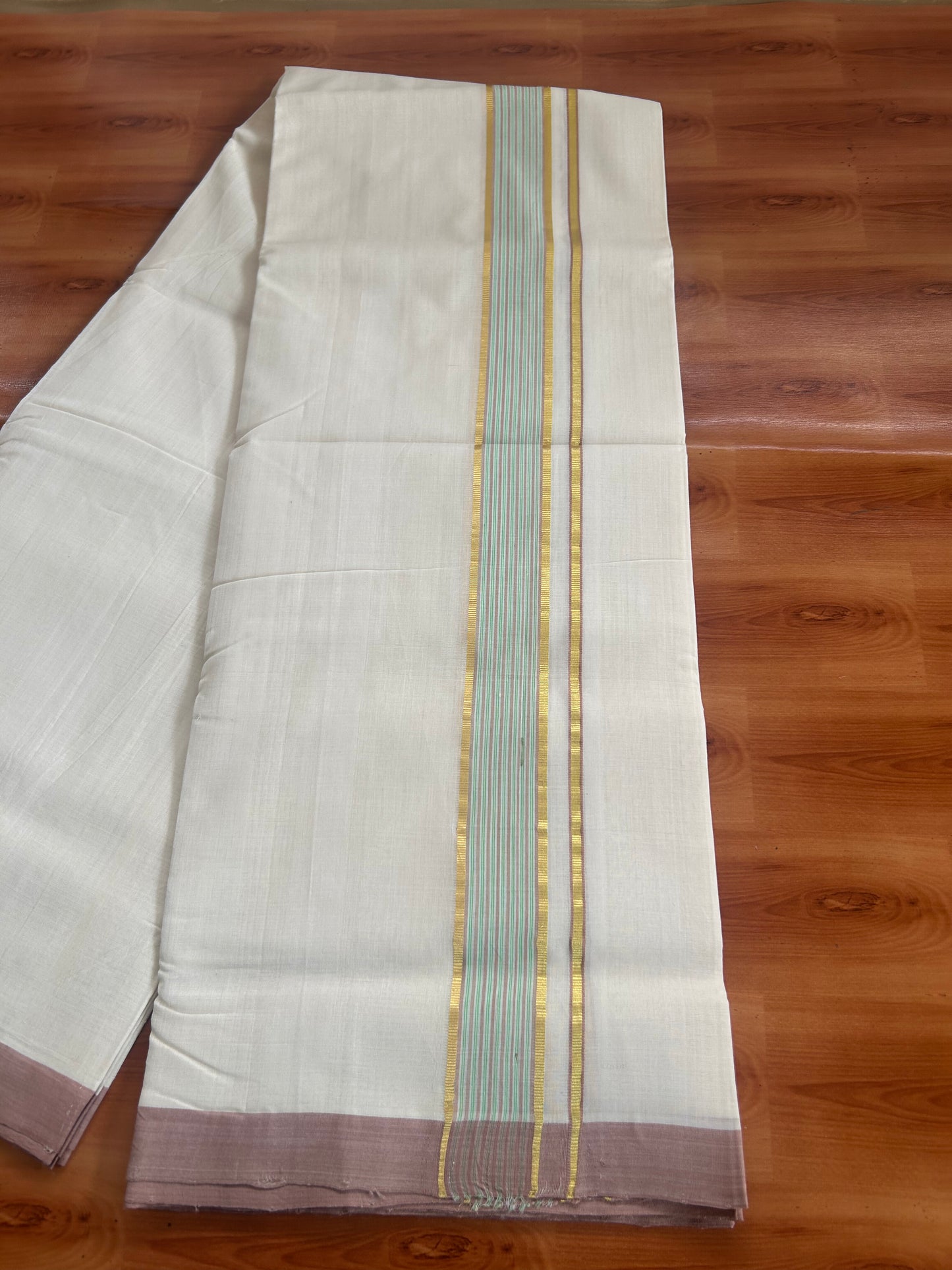 25% Discount ! KaithariKada Handloom Unakkupaav - Kerala Handloom - 100% Pure Cotton Off White (Unbleached) Double Mundu/Dhoti - 100x80 - 1.5 inch Gold Kasav & Light Green & Peanut Brown striped Kara 4 mtr (8.5 Muzham) - 59 KK5380 SOM