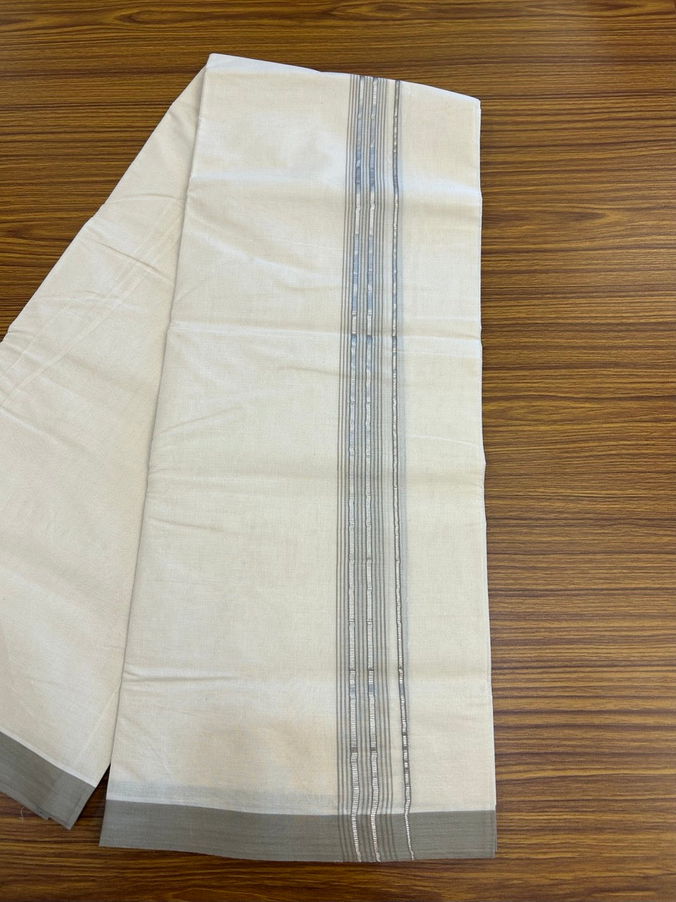 20% Discount KaithariKada Balaramapuram 100% Cotton Double Off white - (Unbleached) - Mundu/Dhoti - 100x100 - 1.25 inch Silver Kasav & Dark Beige Shaded Striped Kara - 3 KK5303 ASH