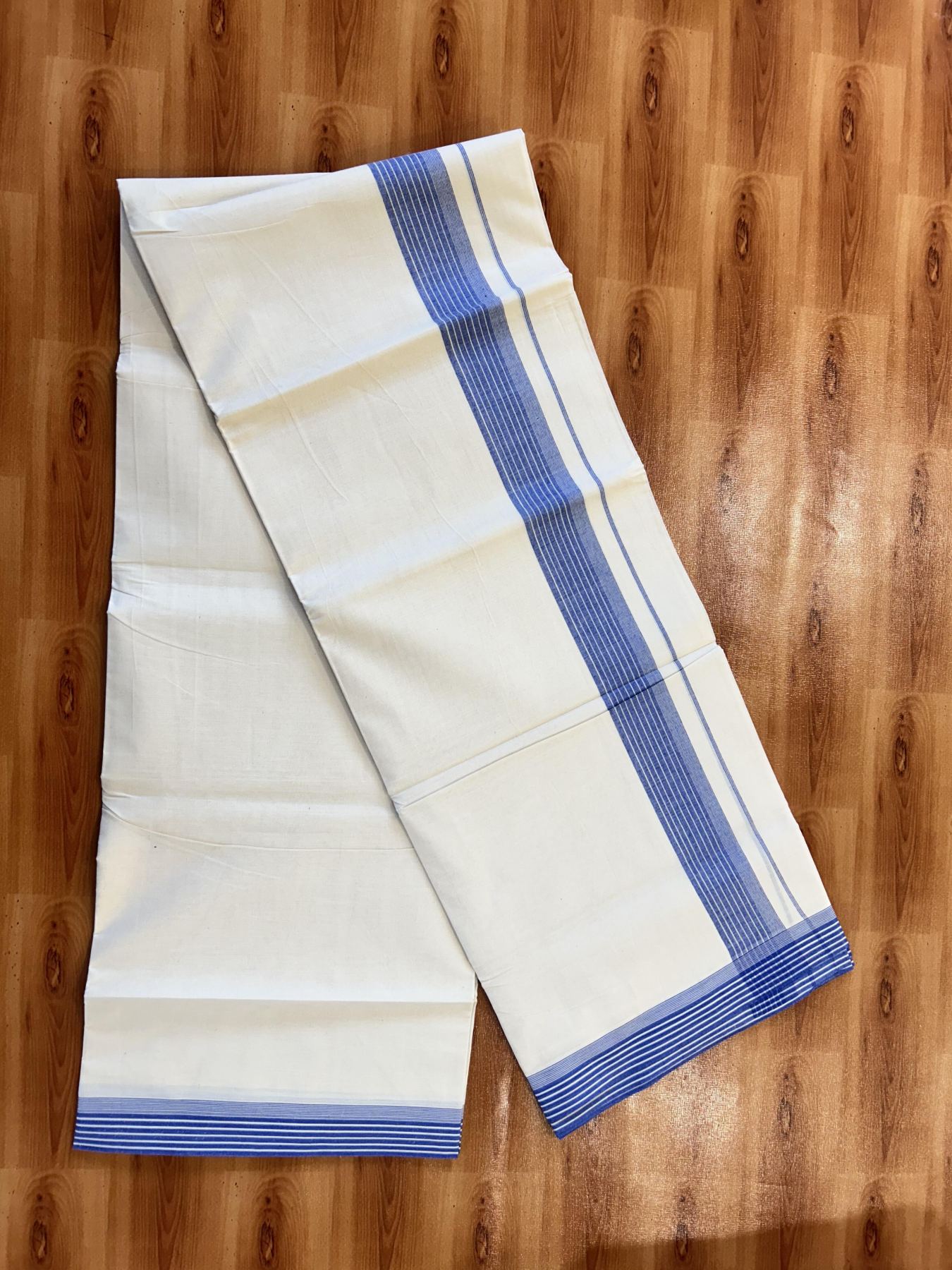 Double Off White (Unbleached) Mundu/Dhoti - 20% Discount! KaithariKada 100% Cotton - 100X80 - 1.5 inch Royal Blue Stripes Kara 4 mtr (8.5 Muzham) - 29 KK5451 THI