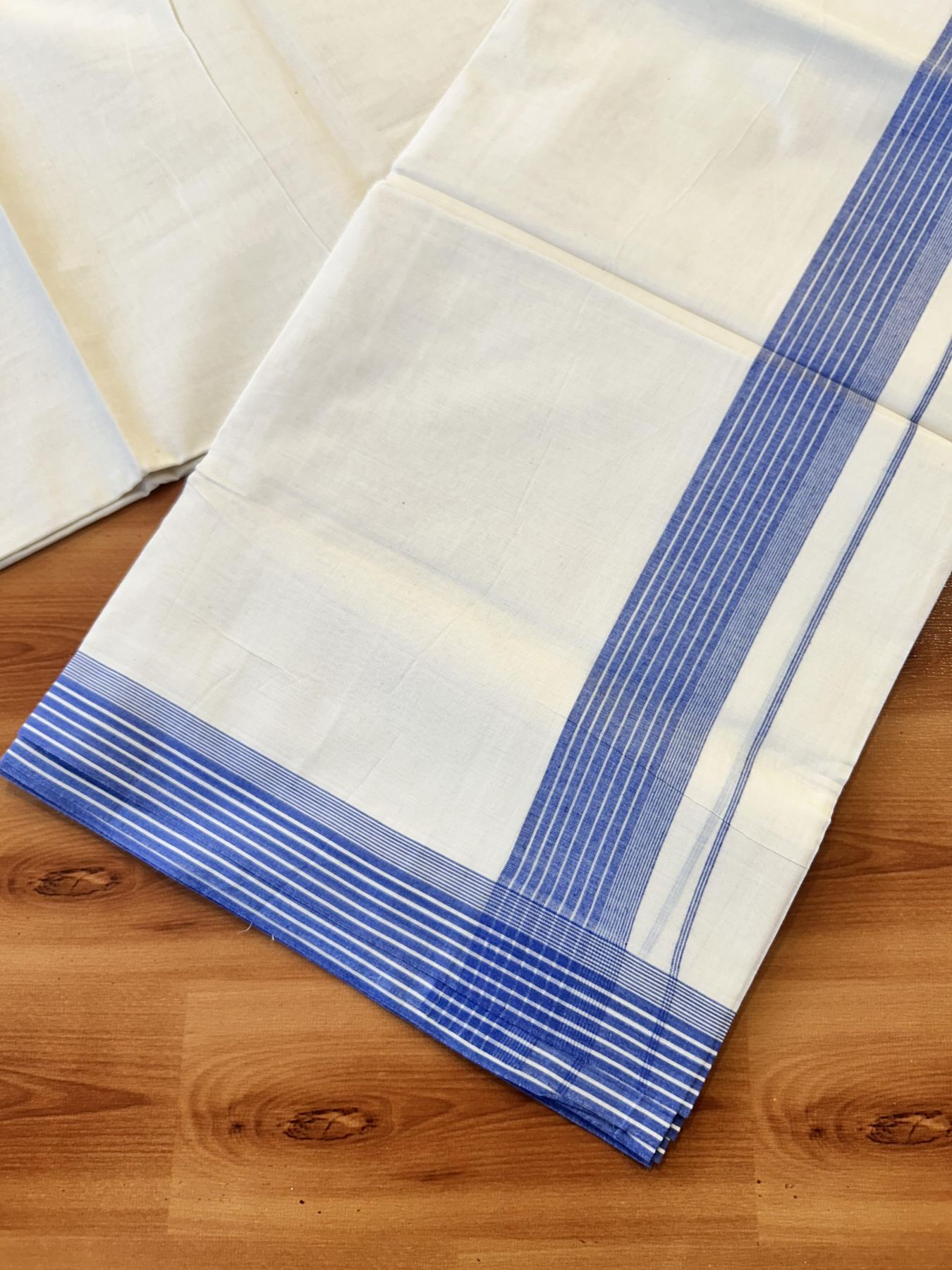Double Off White (Unbleached) Mundu/Dhoti - 20% Discount! KaithariKada 100% Cotton - 100X80 - 1.5 inch Royal Blue Stripes Kara 4 mtr (8.5 Muzham) - 29 KK5451 THI
