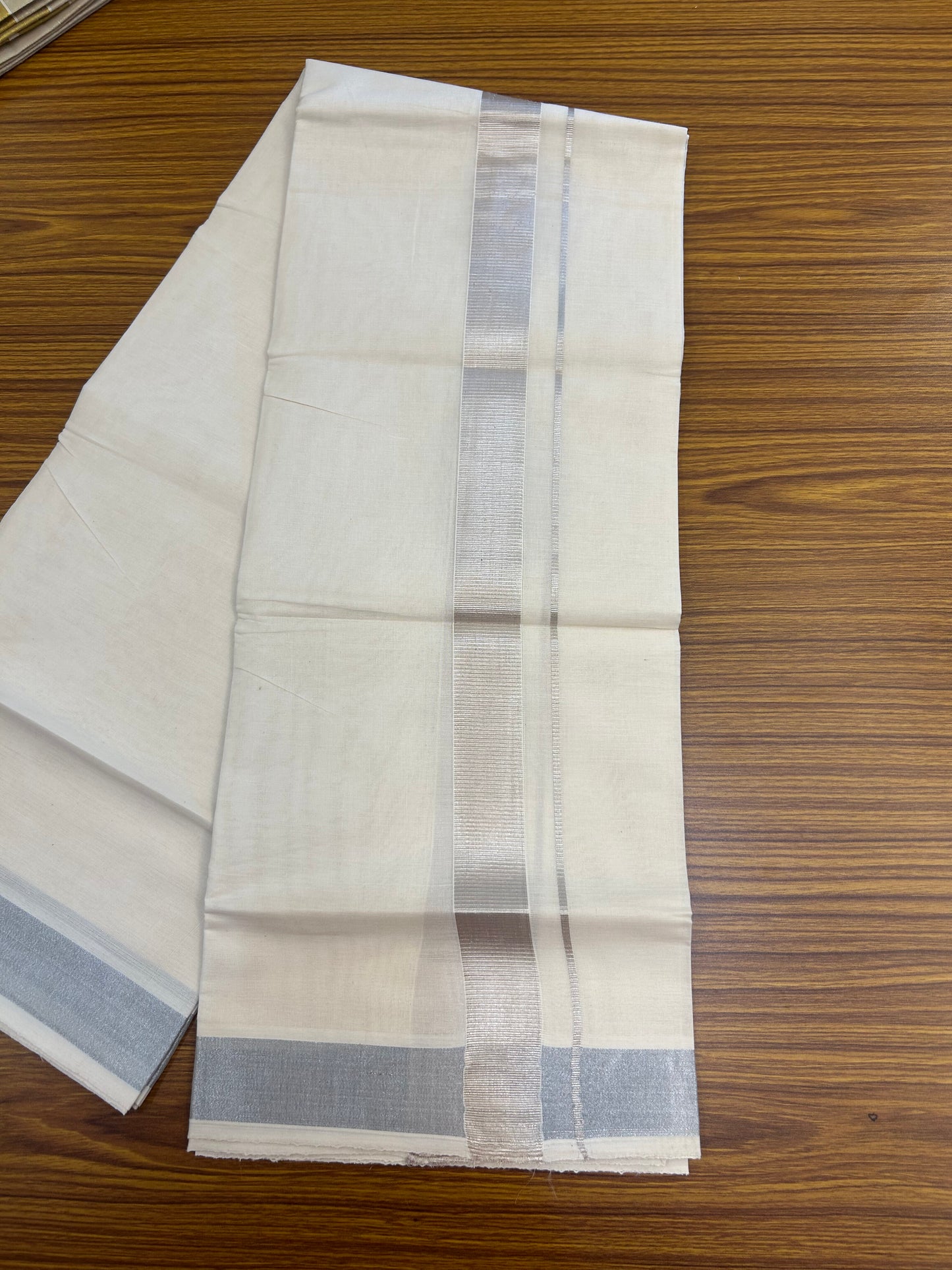 20% Discount ! Kaitharikada Balaramapuram 100% Cotton Off White Double Mundu/Dothi  - 80s - 1.5 Inch Silver Kasav Kara 4 mtr ( 8.5 muzham ) - 63 KK5362 GAN