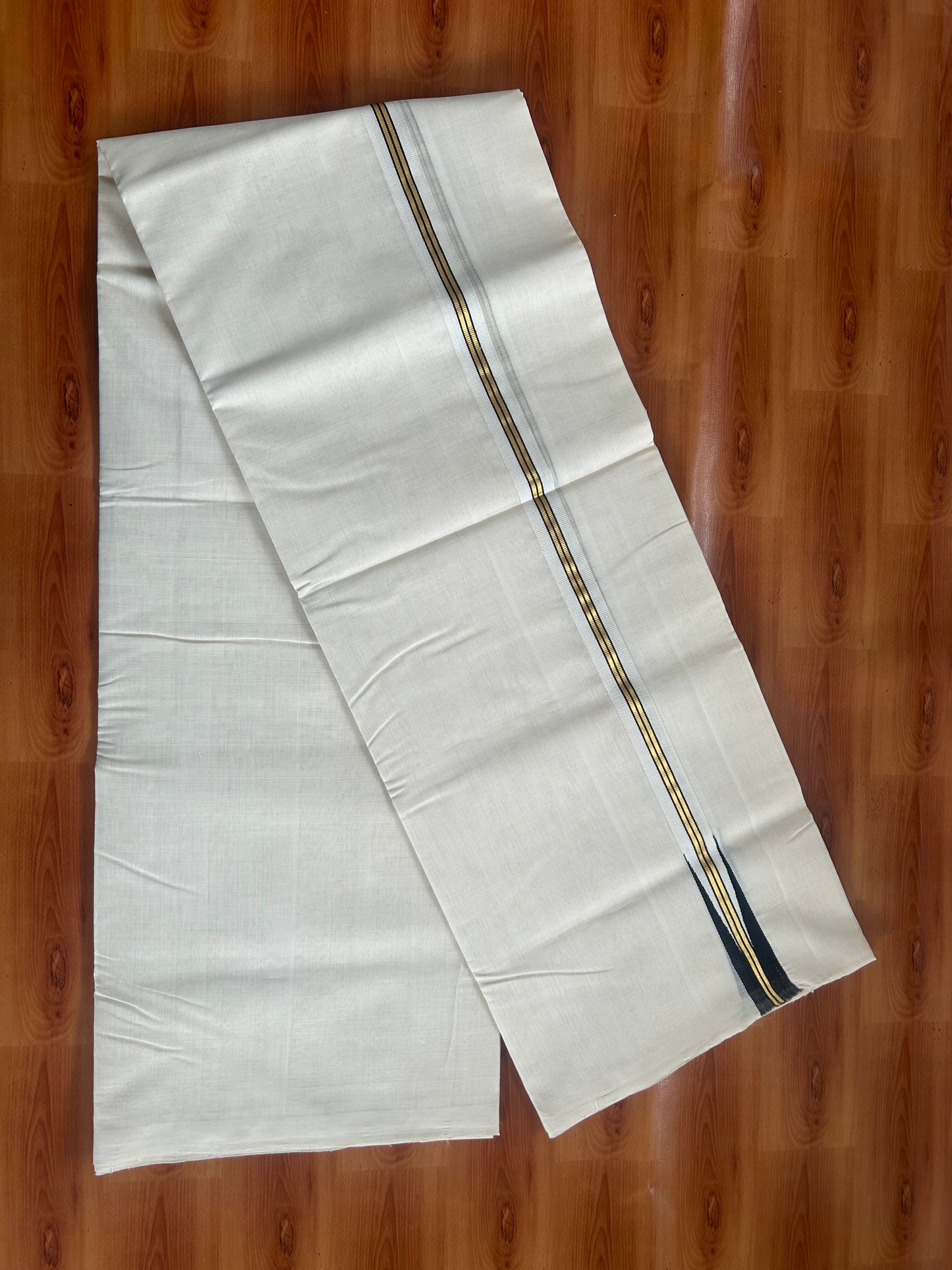 25% Discount ! KaithariKada Handloom Unakkupaav - Kerala Handloom - 100% Pure Cotton Off White (Unbleached) Double Mundu/Dhoti - 100x80 -1 inch Gold Kasav & Black Puliyilakkara Striped Chutty 4 mtr (8.5 Muzham) - 73 KK5380 SOM