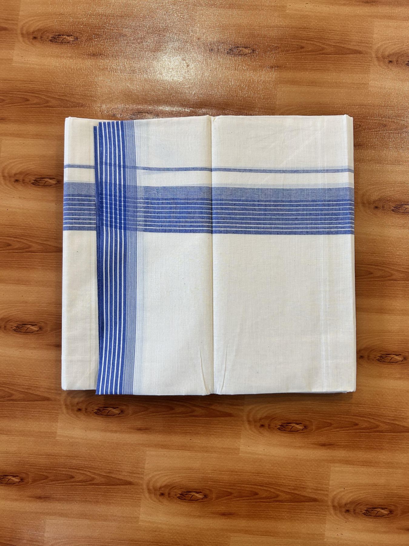 Double Off White (Unbleached) Mundu/Dhoti - 20% Discount! KaithariKada 100% Cotton - 100X80 - 1.5 inch Royal Blue Stripes Kara 4 mtr (8.5 Muzham) - 29 KK5451 THI