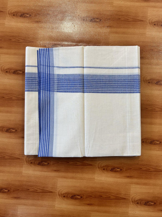 Double Off White (Unbleached) Mundu/Dhoti - 20% Discount! KaithariKada 100% Cotton - 100X80 - 1.5 inch Royal Blue Stripes Kara 4 mtr (8.5 Muzham) - 29 KK5451 THI