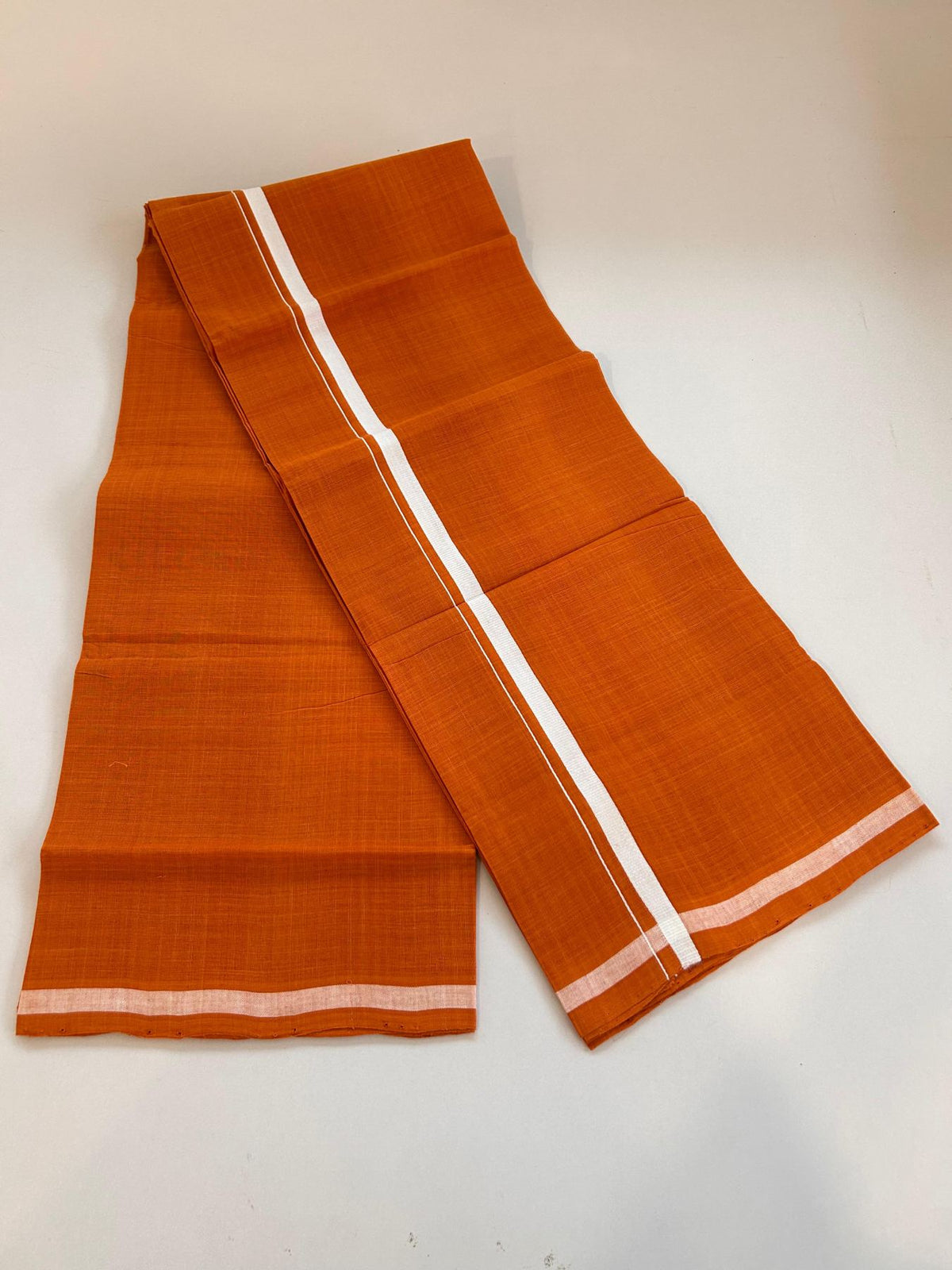 Kerala Handloom Single Kaily/Lungi - KaithariKada 100% Pure Cotton - 40s - 1 cm White Kara With Orange Colour Body - (2 meter / 4 muzham) - 24 KK8081 ELA