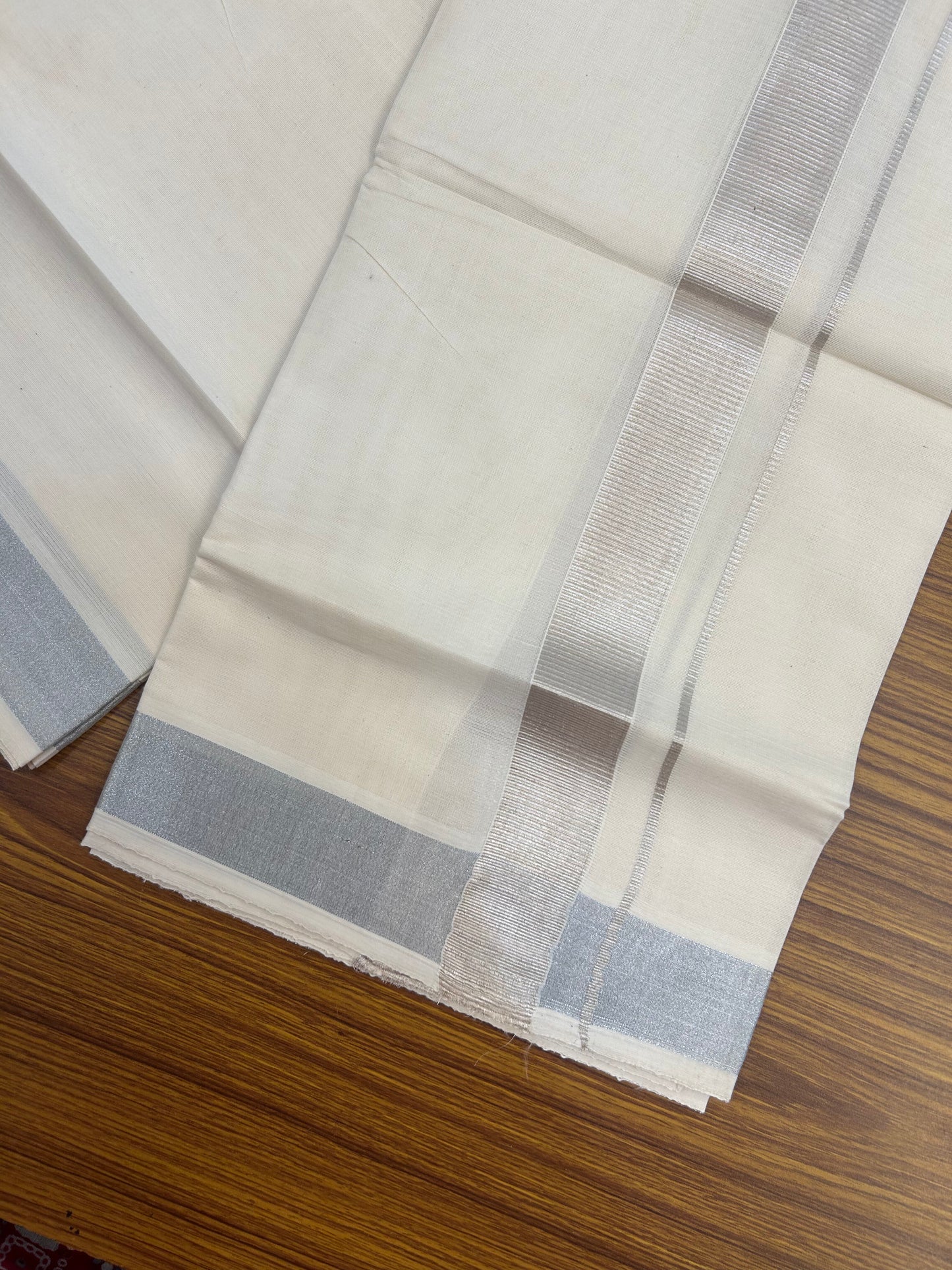 20% Discount ! Kaitharikada Balaramapuram 100% Cotton Off White Double Mundu/Dothi  - 80s - 1.5 Inch Silver Kasav Kara 4 mtr ( 8.5 muzham ) - 63 KK5362 GAN