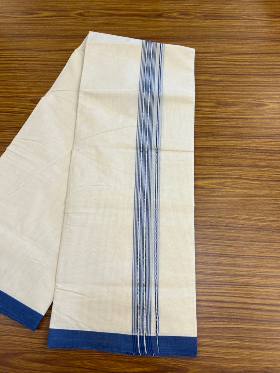 20% Discount KaithariKada Balaramapuram 100% Cotton Double Off white - (Unbleached) - Mundu/Dhoti - 100x100 - 1.25 inch Silver Kasav & Dark Blue Shaded Striped Kara - 2 KK5303 ASH