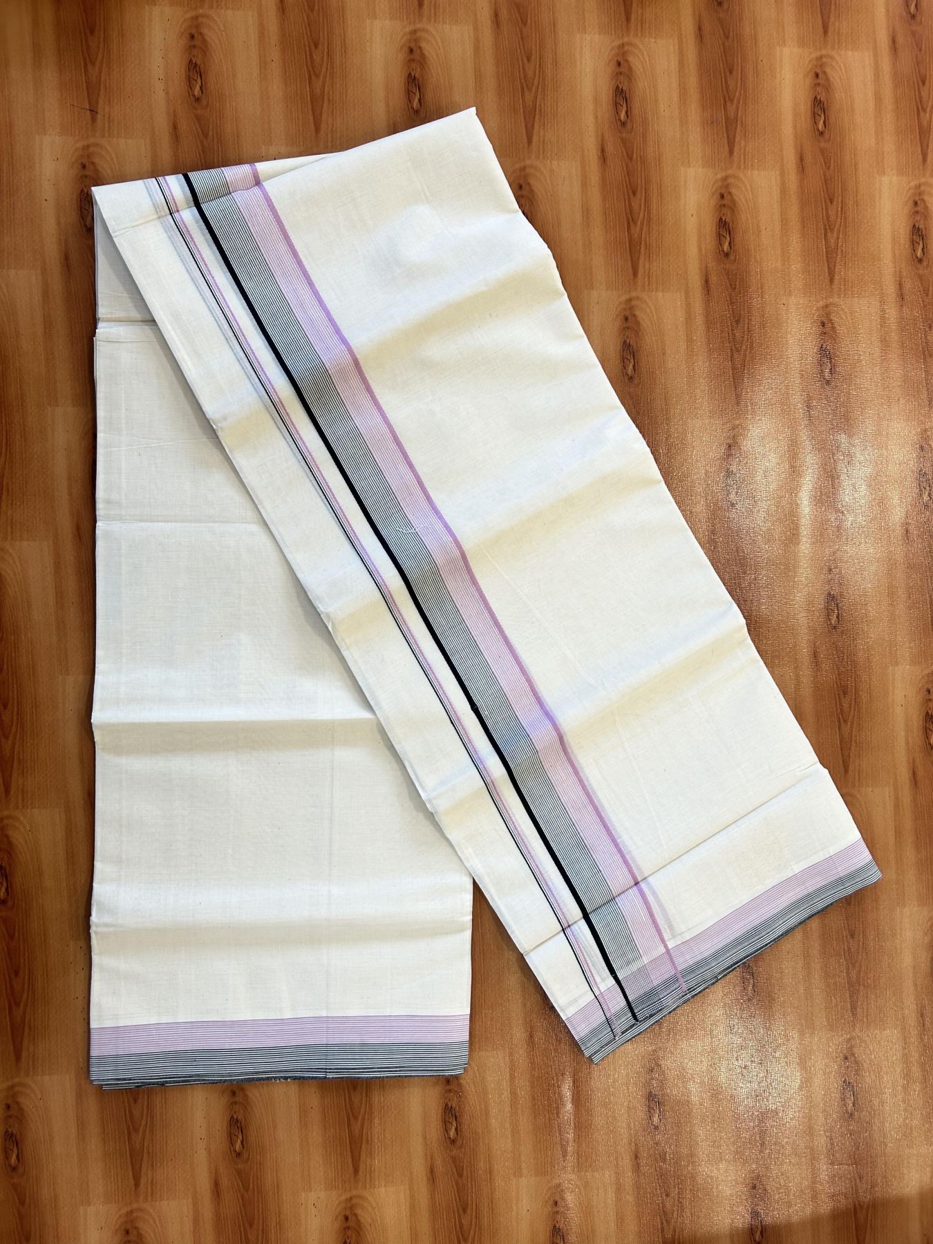Double Off White (Unbleached) Mundu/Dhoti - 20% Discount! KaithariKada 100% Cotton - 100X80 - 1.75 inch Pastel Pink & Black Stripes Kara 4 mtr (8.5 Muzham) - 20 KK5451 THI