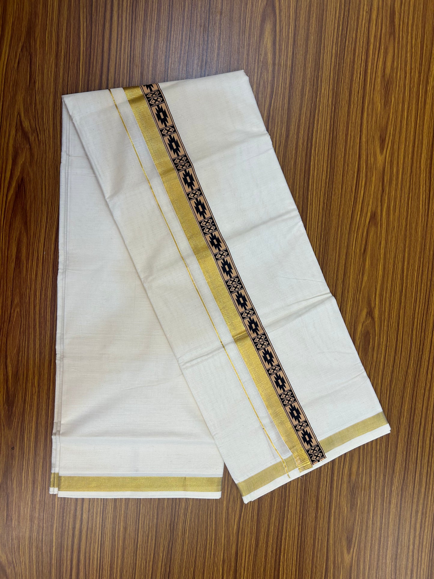 20% Discount!! KaithariKada Balaramapuram 100% Cotton Double Off White - (Unbleached) Mundu/Dhoti - 60x60 - 2 inch Gold Kasav with Black Printed Design Kara - 71 KK5362 GAN