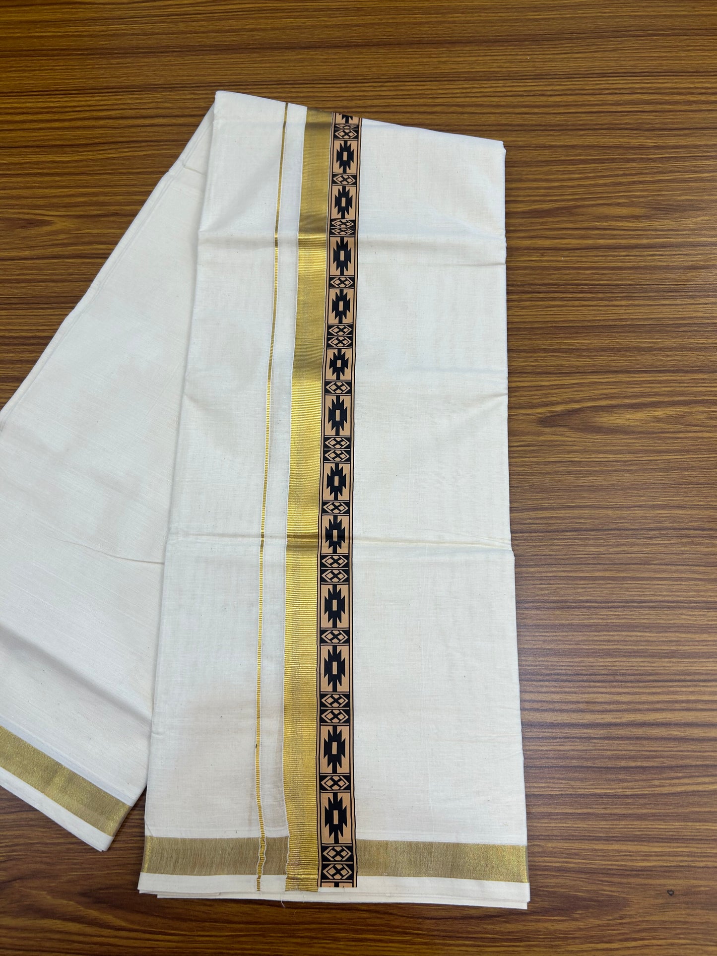 20% Discount!! KaithariKada Balaramapuram 100% Cotton Double Off White - (Unbleached) Mundu/Dhoti - 60x60 - 2 inch Gold Kasav with Black Printed Design Kara - 71 KK5362 GAN