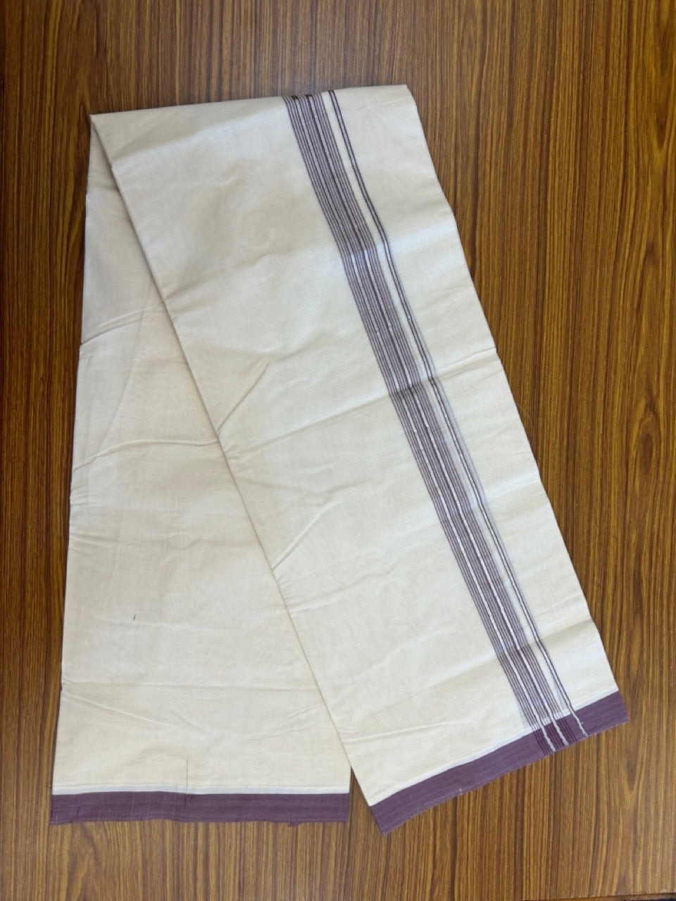 20% Discount KaithariKada Balaramapuram 100% Cotton Double Off white - (Unbleached) - Mundu/Dhoti - 100x100 - 1.25 inch Silver Kasav & Light Purple Shaded Striped Kara - 4 KK5303 ASH