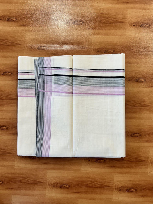 Double Off White (Unbleached) Mundu/Dhoti - 20% Discount! KaithariKada 100% Cotton - 100X80 - 1.75 inch Pastel Pink & Black Stripes Kara 4 mtr (8.5 Muzham) - 20 KK5451 THI