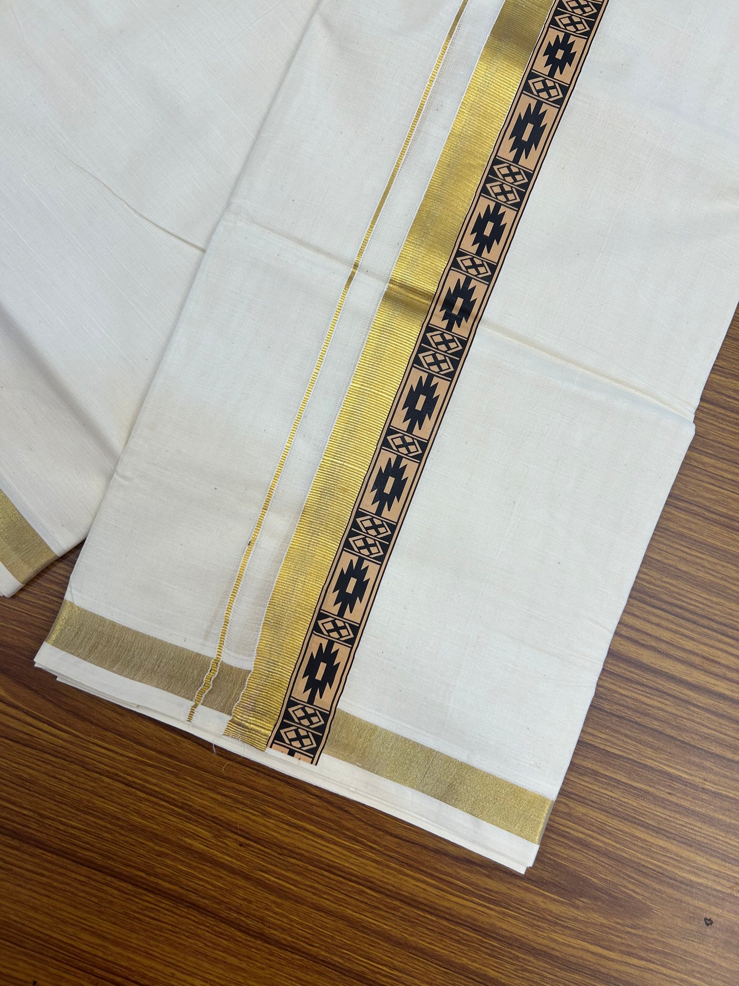 20% Discount!! KaithariKada Balaramapuram 100% Cotton Double Off White - (Unbleached) Mundu/Dhoti - 60x60 - 2 inch Gold Kasav with Black Printed Design Kara - 71 KK5362 GAN