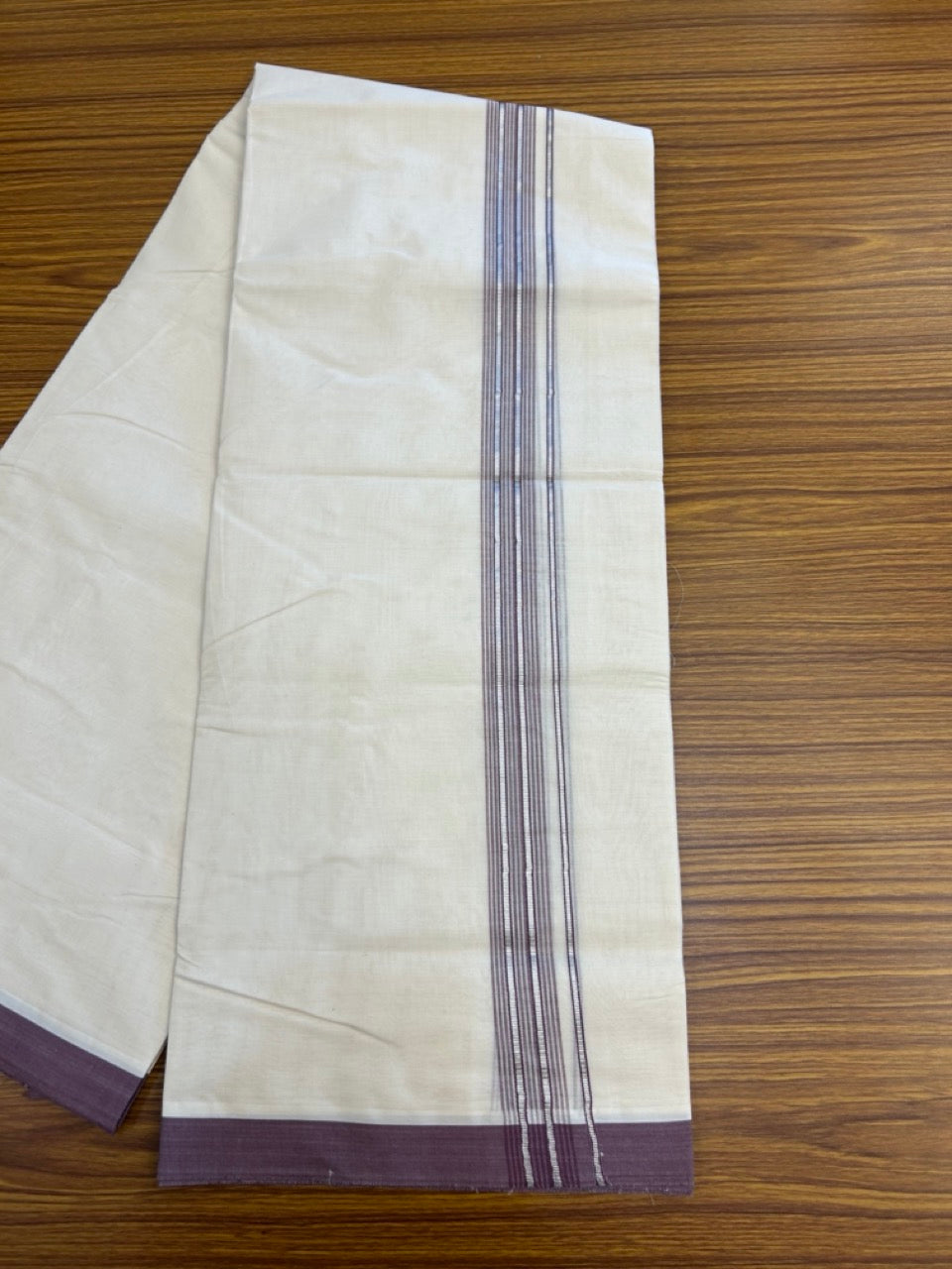 20% Discount KaithariKada Balaramapuram 100% Cotton Double Off white - (Unbleached) - Mundu/Dhoti - 100x100 - 1.25 inch Silver Kasav & Light Purple Shaded Striped Kara - 4 KK5303 ASH