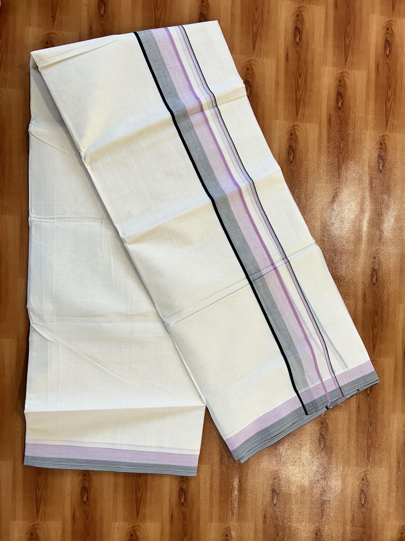 Double Off White (Unbleached) Mundu/Dhoti - 20% Discount! KaithariKada 100% Cotton - 100X80 - 1.75 inch Pastel Pink & Black Stripes Kara 4 mtr (8.5 Muzham) - 19 KK5451 THI