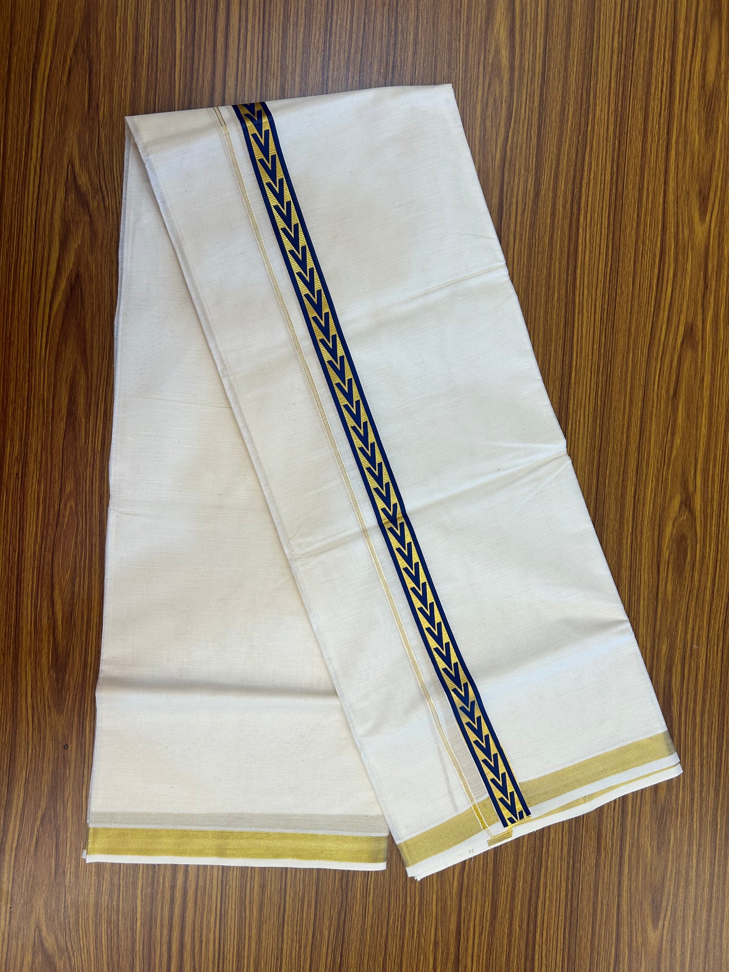 20% Discount!! KaithariKada Balaramapuram 100% Cotton Double Off White - (Unbleached) Mundu/Dhoti - 60x60 - 1 inch Gold Kasav with Dark Blue Arrow Printed Design Kara - 72 KK5362 GAN