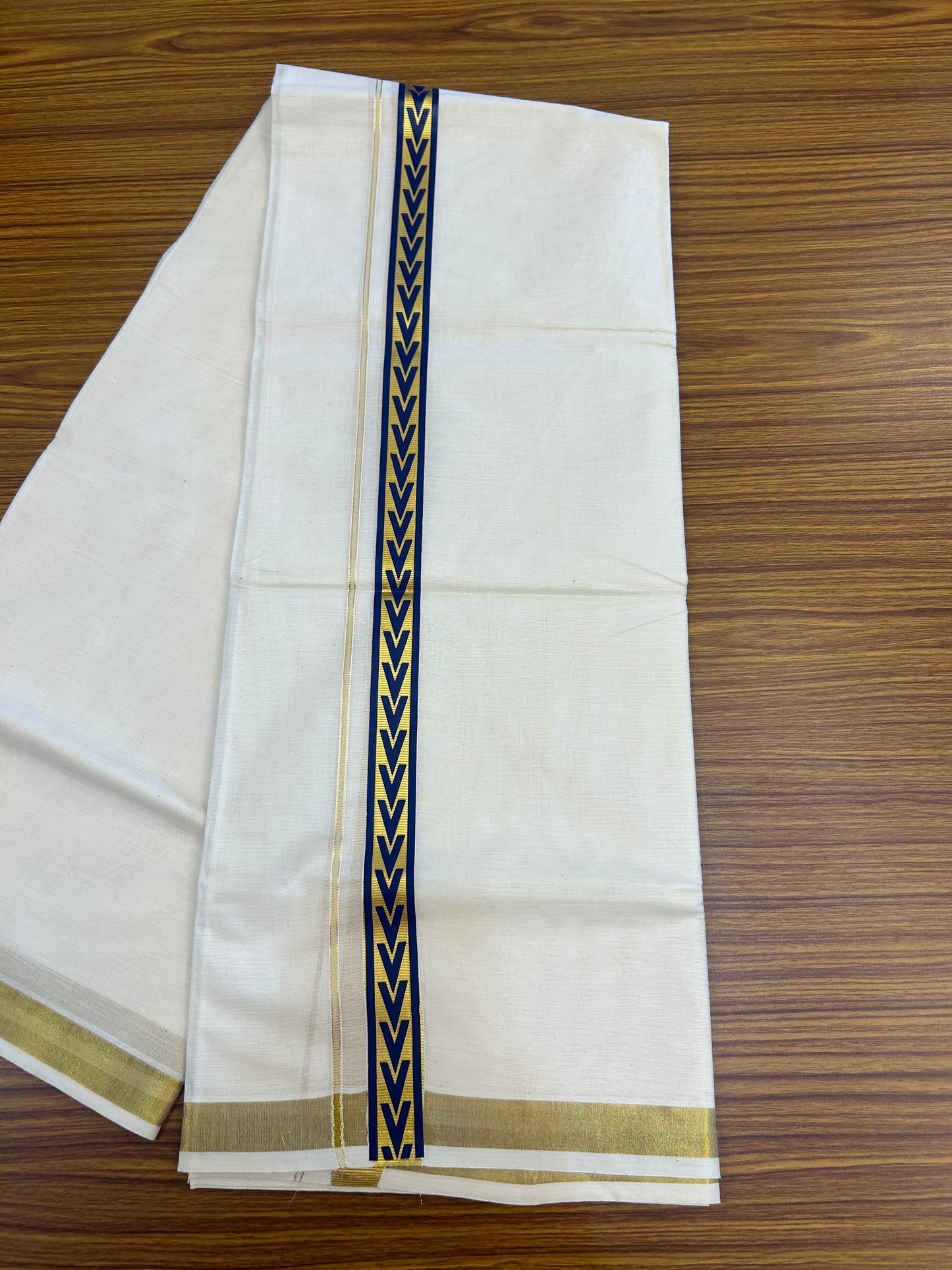 20% Discount!! KaithariKada Balaramapuram 100% Cotton Double Off White - (Unbleached) Mundu/Dhoti - 60x60 - 1 inch Gold Kasav with Dark Blue Arrow Printed Design Kara - 72 KK5362 GAN