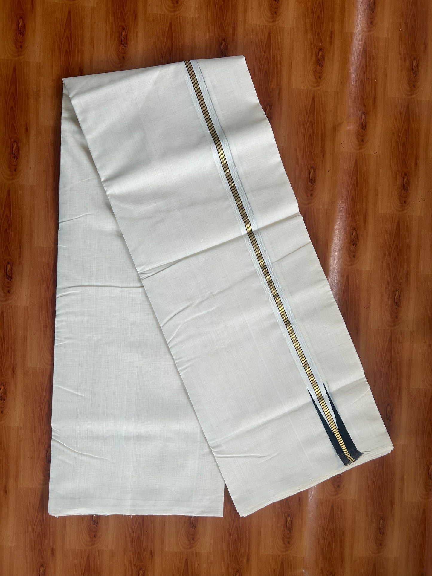 25% Discount ! KaithariKada Handloom Unakkupaav - Kerala Handloom - 100% Pure Cotton Off White (Unbleached) Double Mundu/Dhoti - 100x80 -1 inch Gold Kasav & Black Puliyilakkara Striped Chutty 4 mtr (8.5 Muzham) - 75 KK5380 SOM