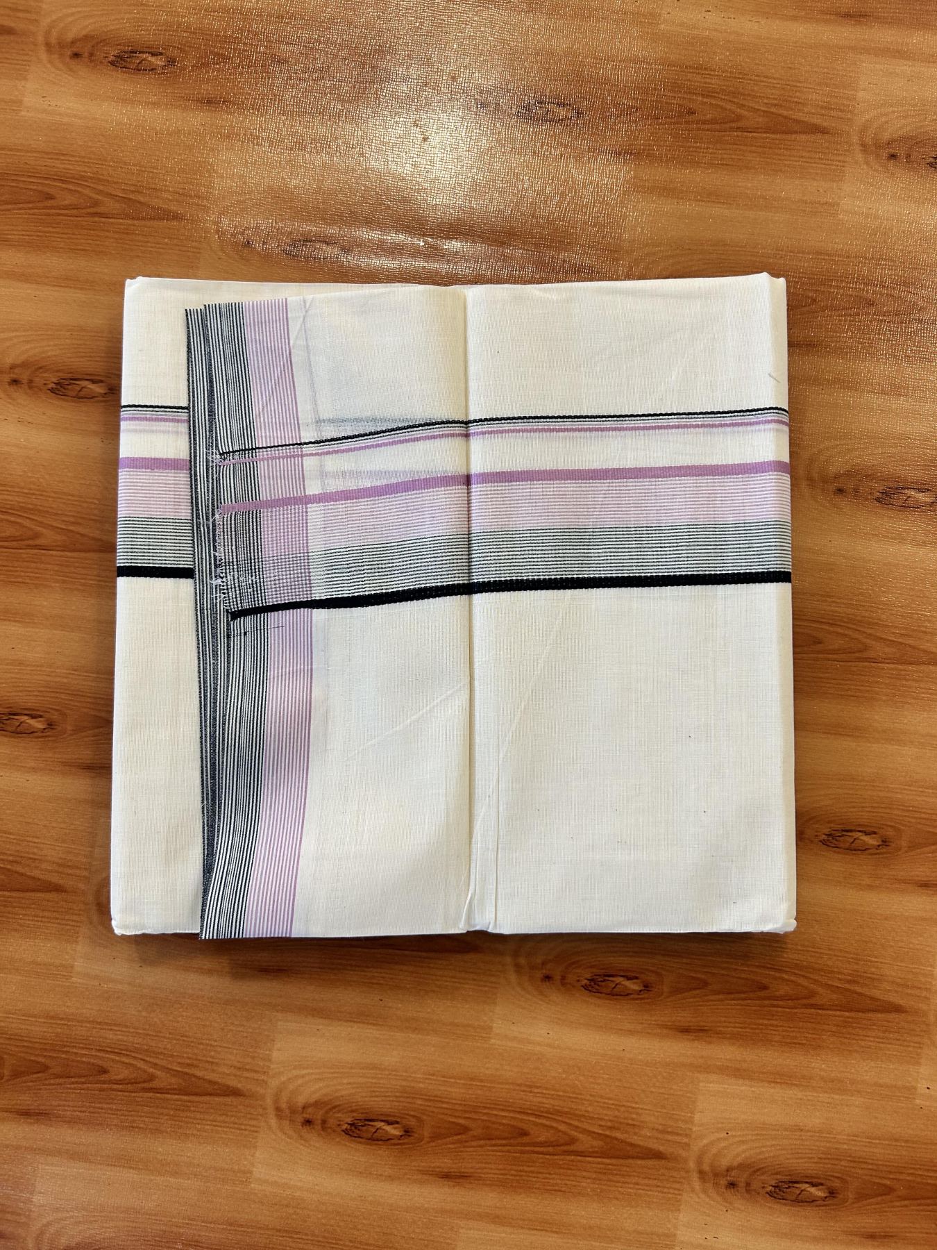 Double Off White (Unbleached) Mundu/Dhoti - 20% Discount! KaithariKada 100% Cotton - 100X80 - 1.75 inch Pastel Pink & Black Stripes Kara 4 mtr (8.5 Muzham) - 19 KK5451 THI