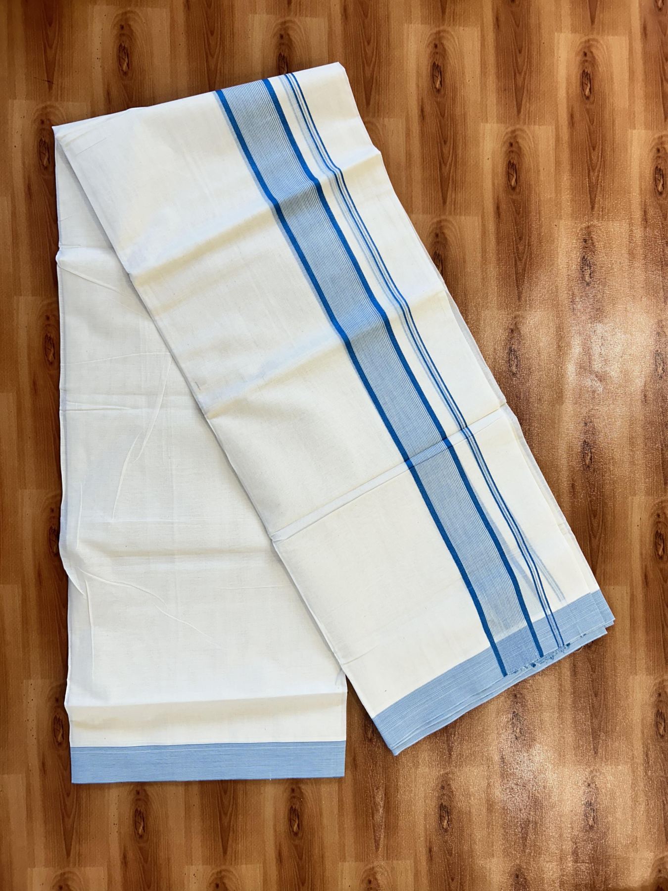 Double Off White (Unbleached) Mundu/Dhoti - 20% Discount! KaithariKada 100% Cotton - 100X80 - 1.75 inch Sky Blue Stripes Kara 4 mtr (8.5 Muzham) - 24 KK5451 THI