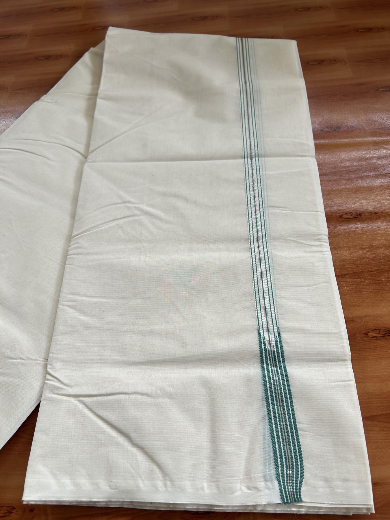 Double Off White (Unbleached) Mundu/Dhoti - 20% Discount !! KaithariKada Balaramapuram - 100% Cotton - 100X100 - 6 line 0.75 inch Silver Kasav & Persian Green Stripes chutty  (4.50 meter / 9.64 muzham) - 29 KK5392 ASH