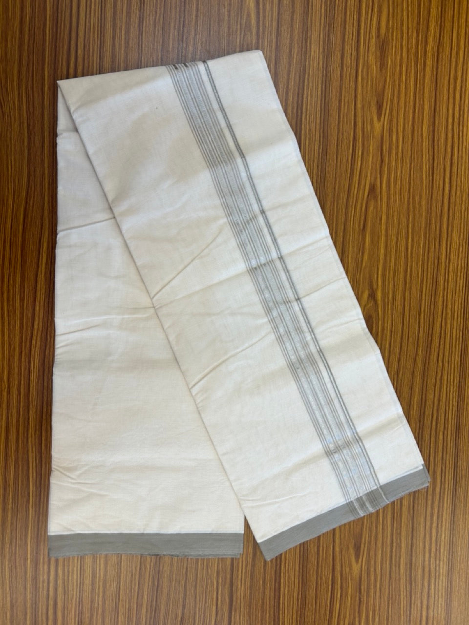 20% Discount KaithariKada Balaramapuram 100% Cotton Double Off white - (Unbleached) - Mundu/Dhoti - 100x100 - 1.25 inch Silver Kasav & Dark Beige Shaded Striped Kara - 5 KK5303 ASH