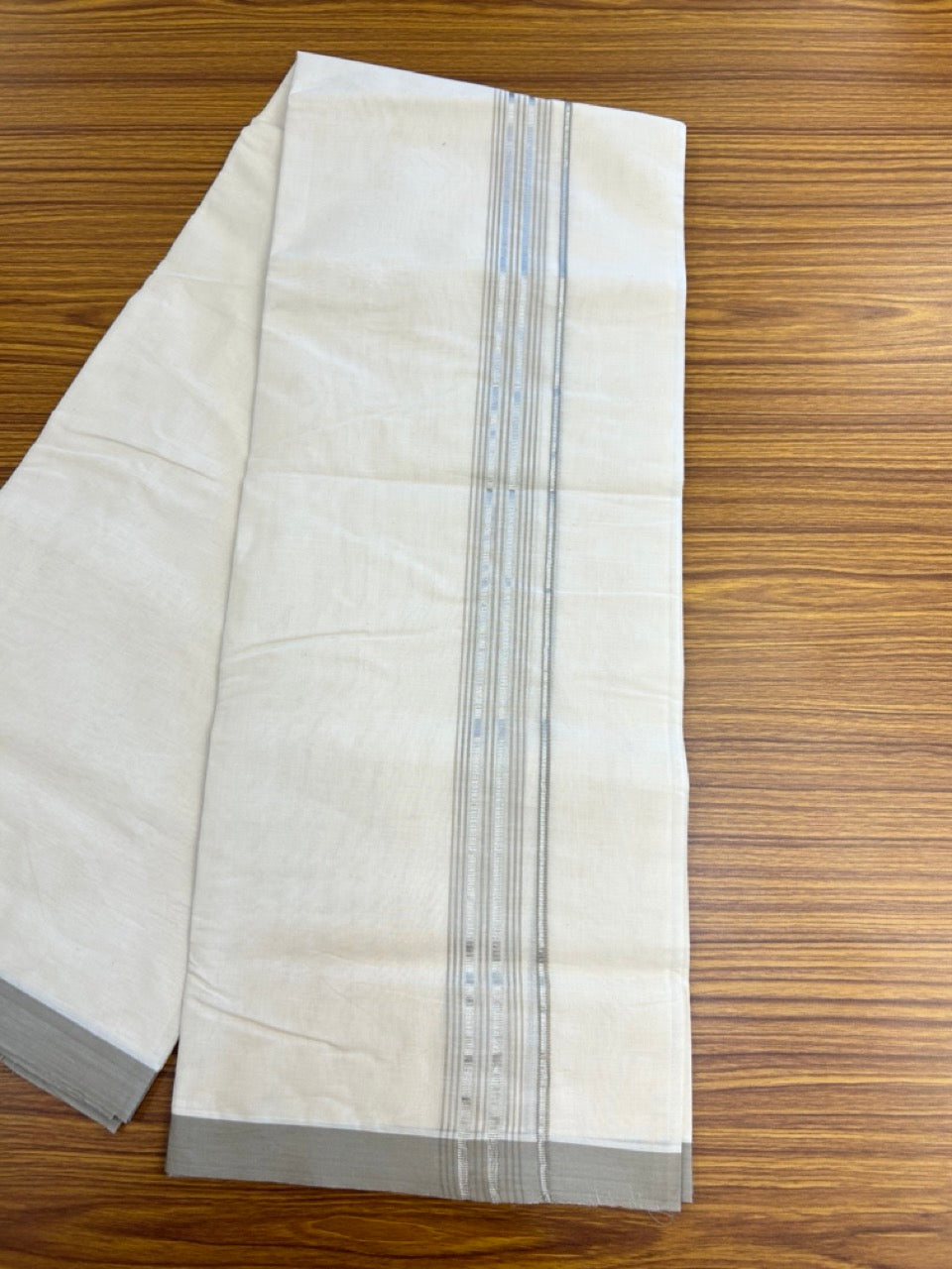 20% Discount KaithariKada Balaramapuram 100% Cotton Double Off white - (Unbleached) - Mundu/Dhoti - 100x100 - 1.25 inch Silver Kasav & Dark Beige Shaded Striped Kara - 5 KK5303 ASH