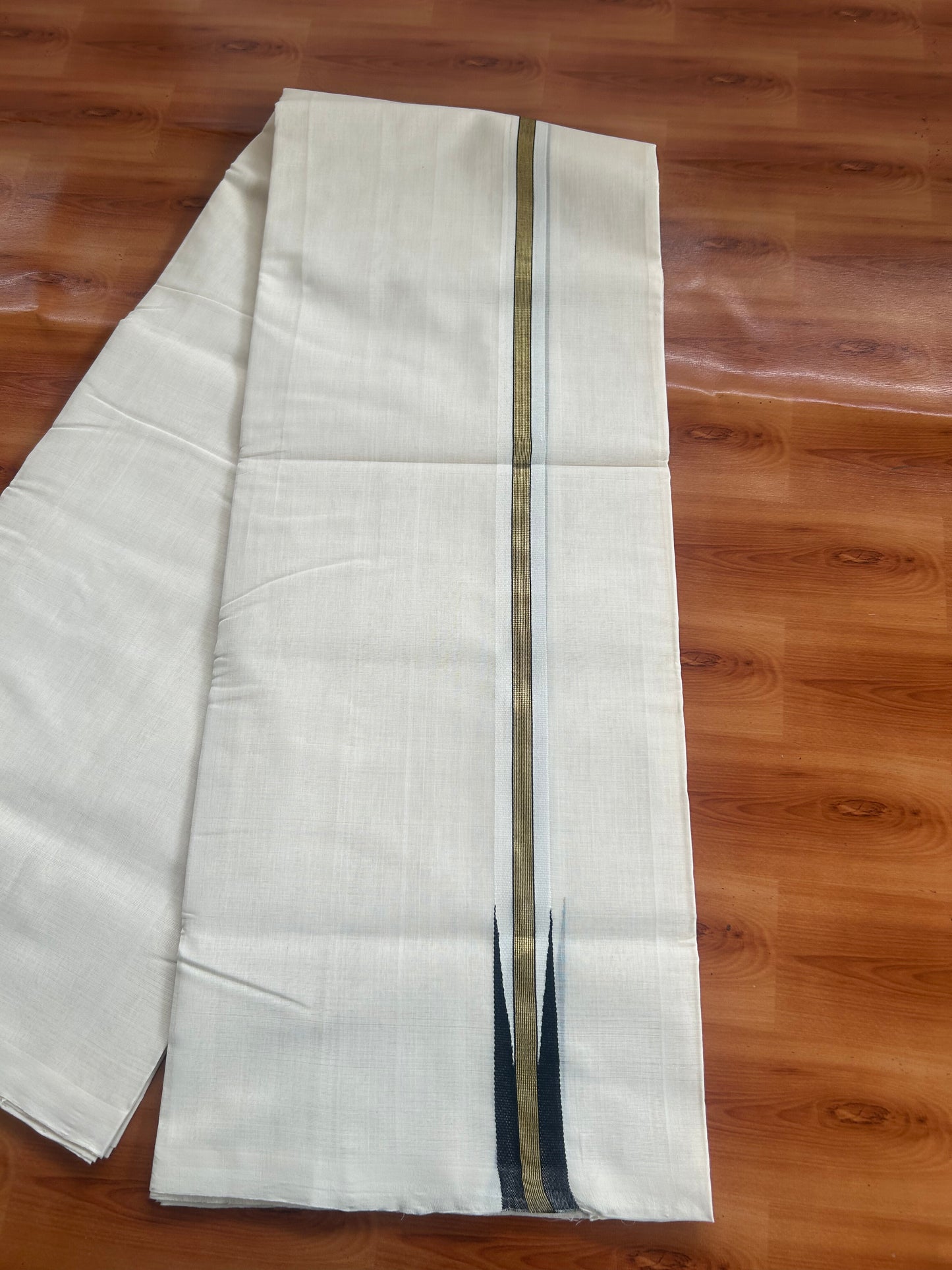 25% Discount ! KaithariKada Handloom Unakkupaav - Kerala Handloom - 100% Pure Cotton Off White (Unbleached) Double Mundu/Dhoti - 100x80 -1 inch Gold Kasav & Black Puliyilakkara Striped Chutty 4 mtr (8.5 Muzham) - 76 KK5380 SOM