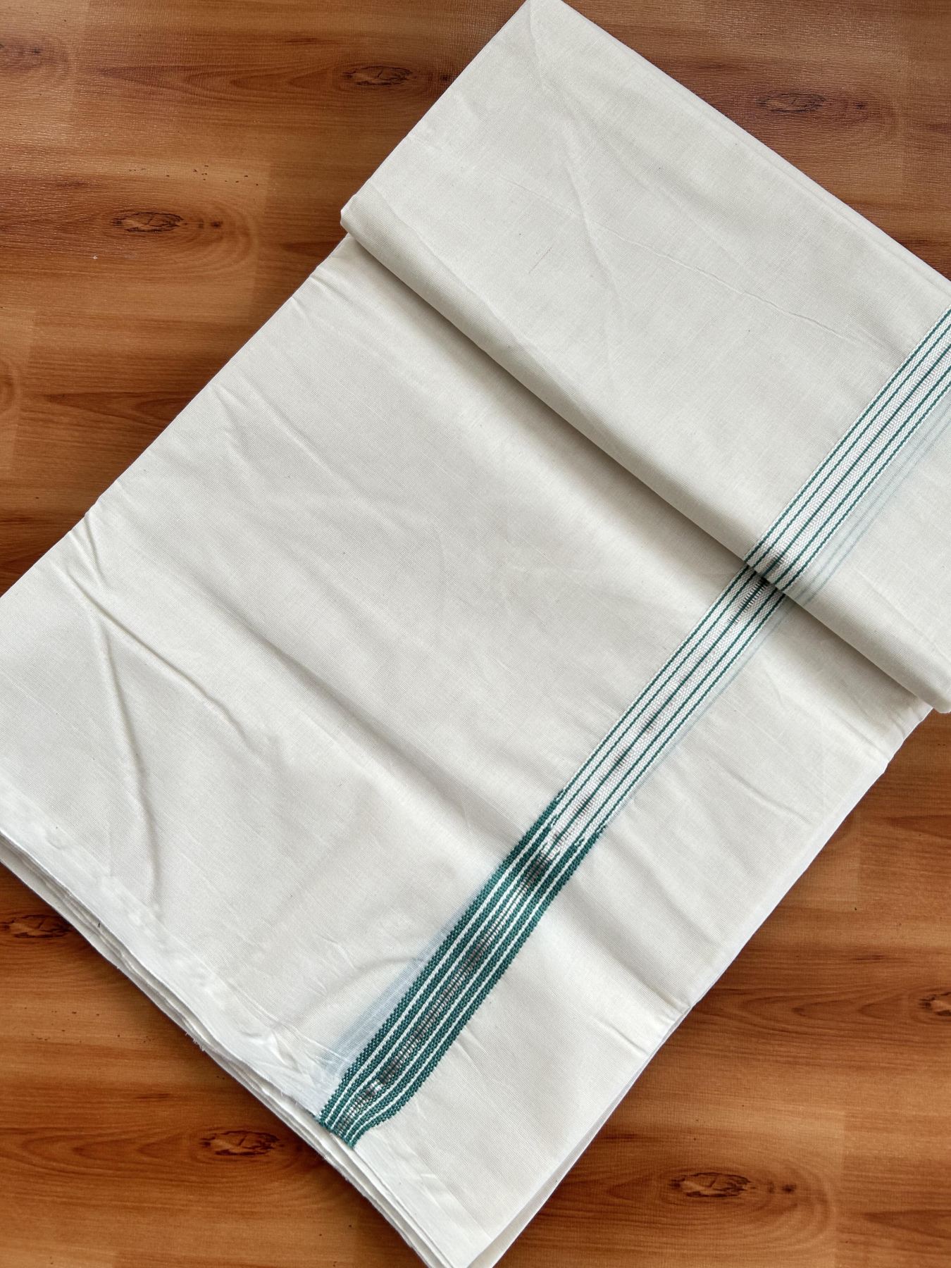 Double Off White (Unbleached) Mundu/Dhoti - 20% Discount !! KaithariKada Balaramapuram - 100% Cotton - 100X100 - 6 line 0.75 inch Silver Kasav & Persian Green Stripes chutty  (4.50 meter / 9.64 muzham) - 29 KK5392 ASH