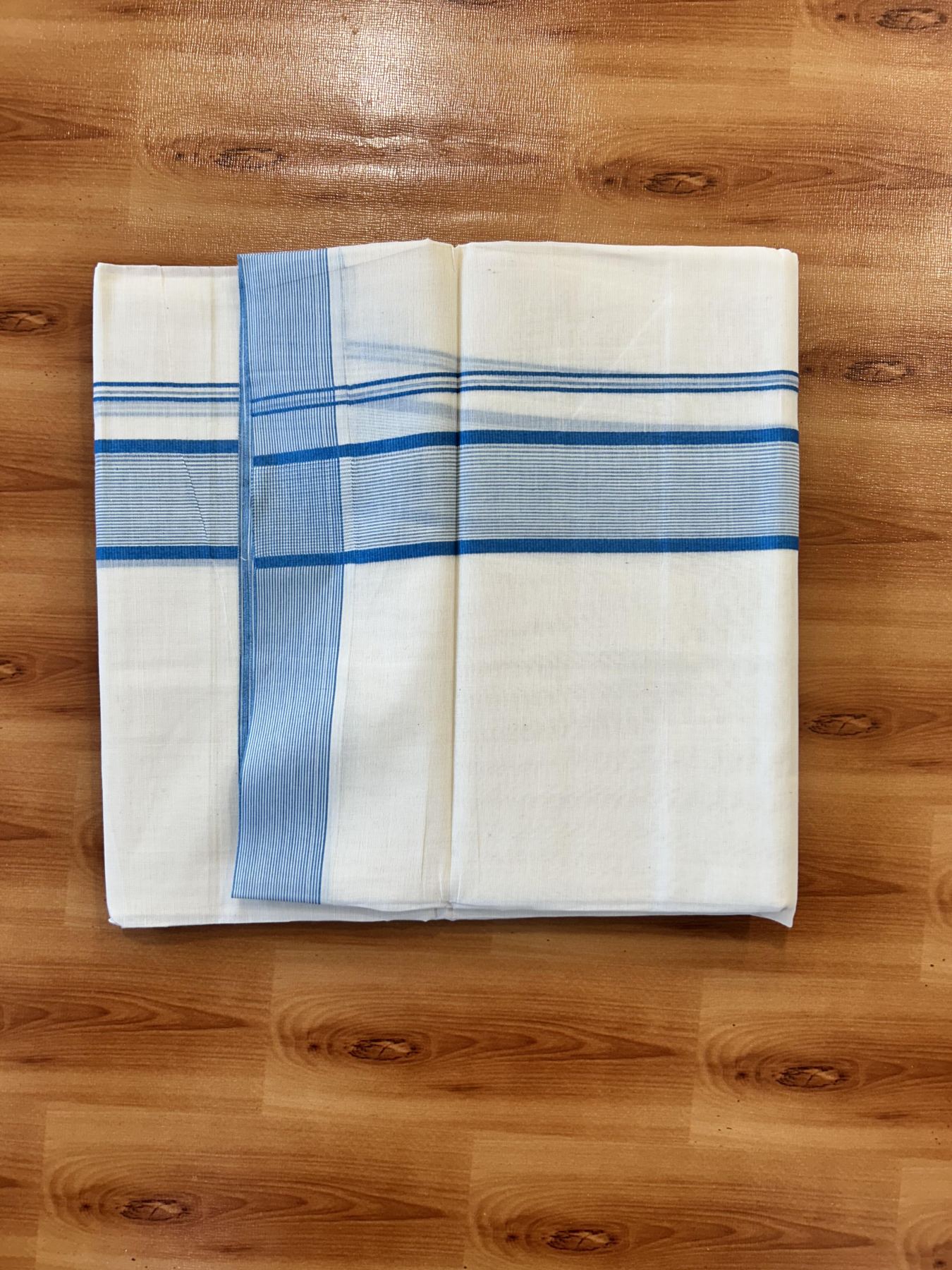 Double Off White (Unbleached) Mundu/Dhoti - 20% Discount! KaithariKada 100% Cotton - 100X80 - 1.75 inch Sky Blue Stripes Kara 4 mtr (8.5 Muzham) - 24 KK5451 THI