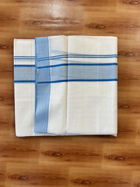 Double Off White (Unbleached) Mundu/Dhoti - 20% Discount! KaithariKada 100% Cotton - 100X80 - 1.75 inch Sky Blue Stripes Kara 4 mtr (8.5 Muzham) - 24 KK5451 THI