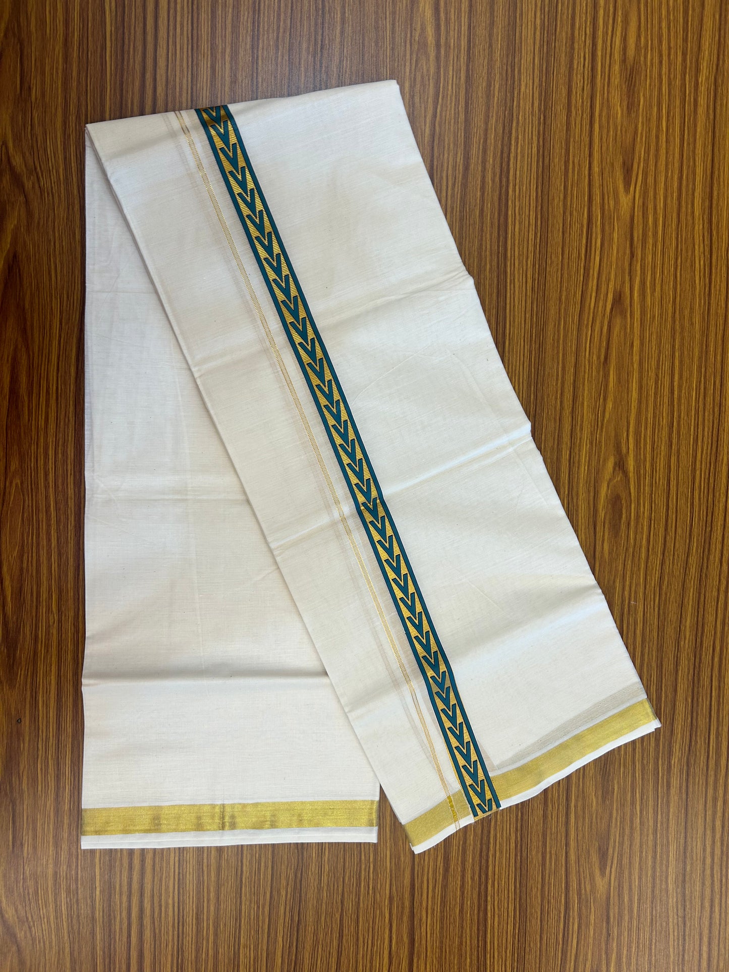 20% Discount!! KaithariKada Balaramapuram 100% Cotton Double Off White - (Unbleached) Mundu/Dhoti - 60x60 - 1 inch Gold Kasav with Emerald Green & Navy Blue Arrow Printed Design Kara - 74 KK5362 GAN