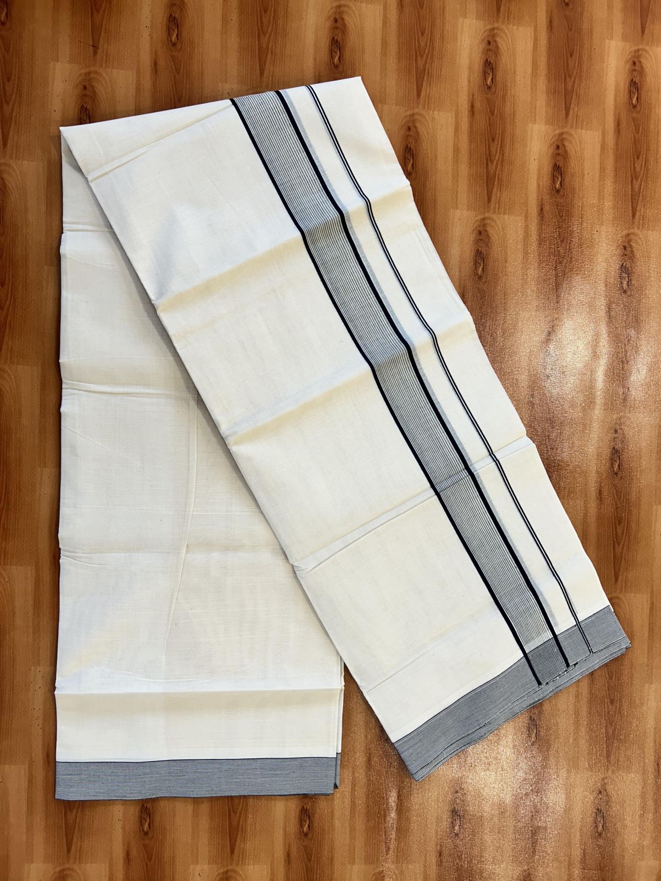 Double Off White (Unbleached) Mundu/Dhoti - 20% Discount! KaithariKada 100% Cotton - 100X80 - 1.5 inch Black Stripes Kara 4 mtr (8.5 Muzham) - 21 KK5451 THI
