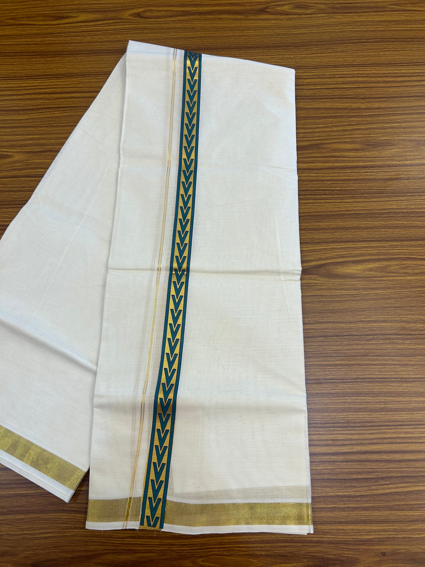 20% Discount!! KaithariKada Balaramapuram 100% Cotton Double Off White - (Unbleached) Mundu/Dhoti - 60x60 - 1 inch Gold Kasav with Emerald Green & Navy Blue Arrow Printed Design Kara - 74 KK5362 GAN
