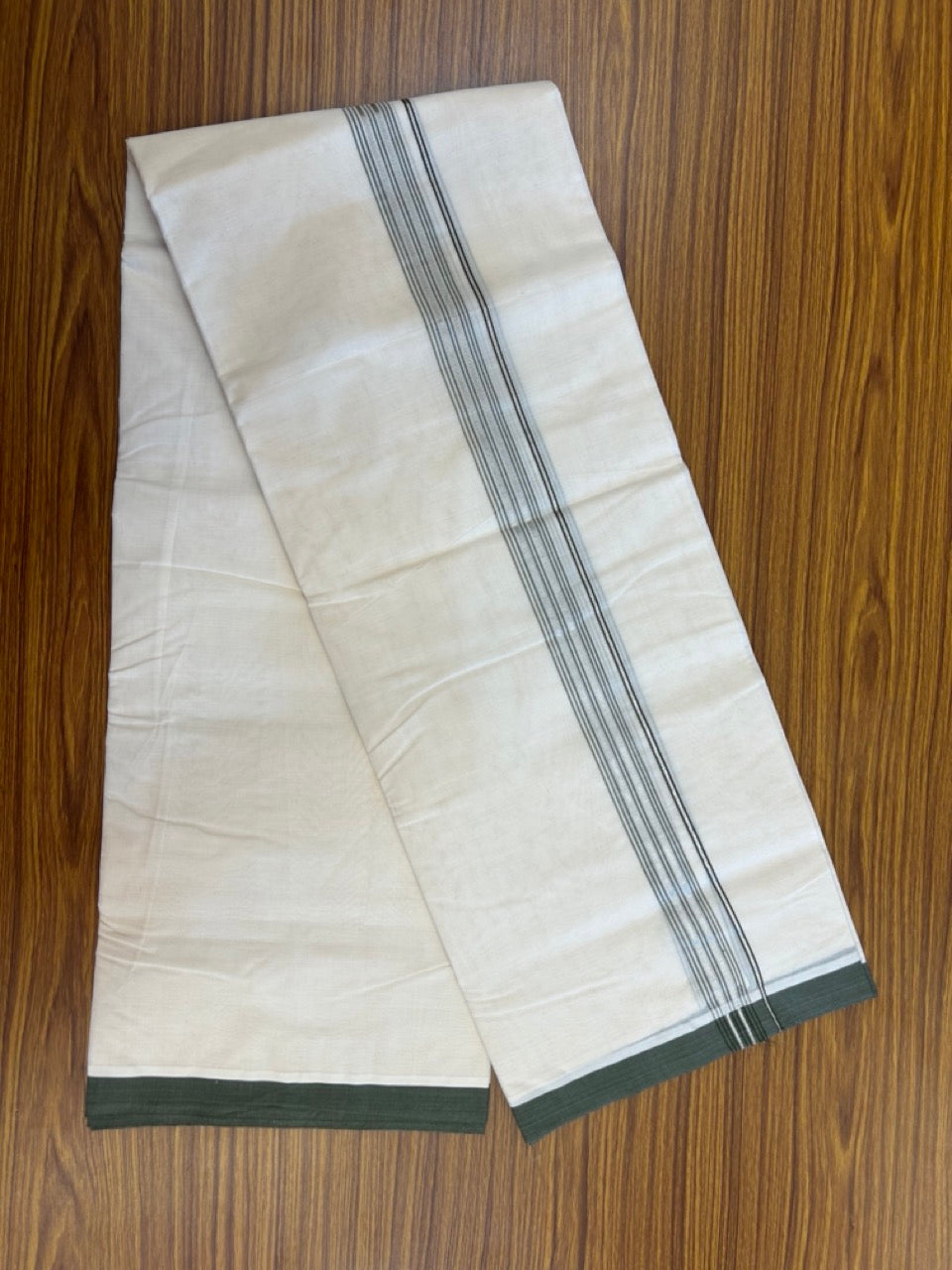 20% Discount KaithariKada Balaramapuram 100% Cotton Double Off white - (Unbleached) - Mundu/Dhoti - 100x100 - 1.25 inch Silver Kasav & Olive Green Shaded Striped Kara - 6 KK5303 ASH