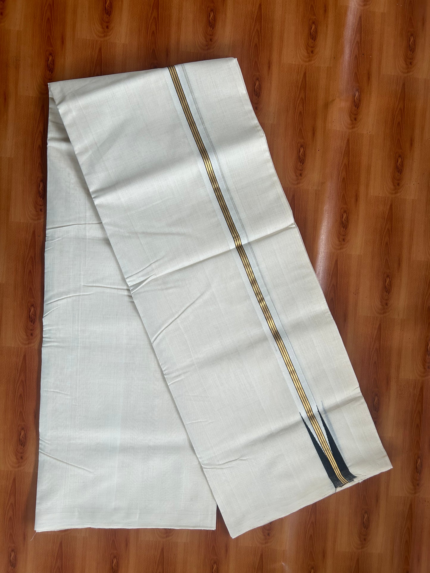 25% Discount ! KaithariKada Handloom Unakkupaav - Kerala Handloom - 100% Pure Cotton Off White (Unbleached) Double Mundu/Dhoti - 100x80 -1 inch Gold Kasav & Black Puliyilakkara Striped Chutty 4 mtr (8.5 Muzham) - 74 KK5380 SOM