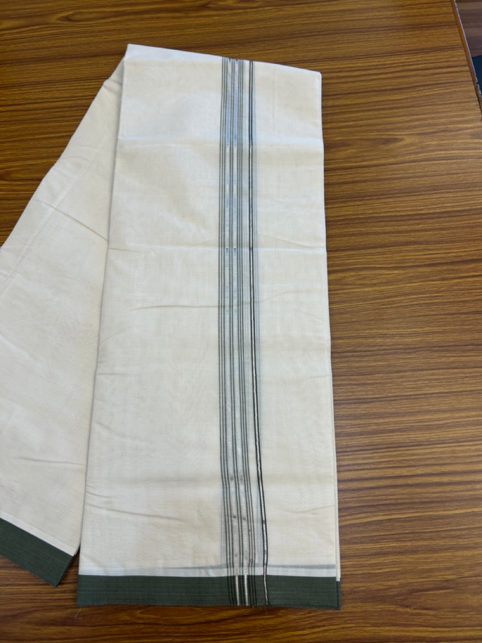 20% Discount KaithariKada Balaramapuram 100% Cotton Double Off white - (Unbleached) - Mundu/Dhoti - 100x100 - 1.25 inch Silver Kasav & Olive Green Shaded Striped Kara - 6 KK5303 ASH