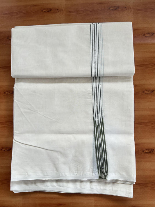 Double Off White (Unbleached) Mundu/Dhoti - 20% Discount !! KaithariKada Balaramapuram - 100% Cotton - 100X100 - 6 line 0.75 inch Silver Kasav & Olive Green Stripes chutty  (4.50 meter / 9.64 muzham) - 28 KK5392 ASH