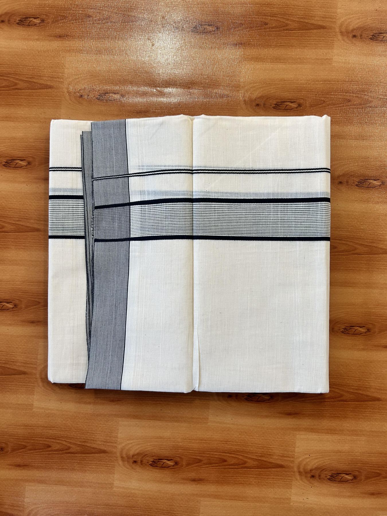 Double Off White (Unbleached) Mundu/Dhoti - 20% Discount! KaithariKada 100% Cotton - 100X80 - 1.5 inch Black Stripes Kara 4 mtr (8.5 Muzham) - 21 KK5451 THI