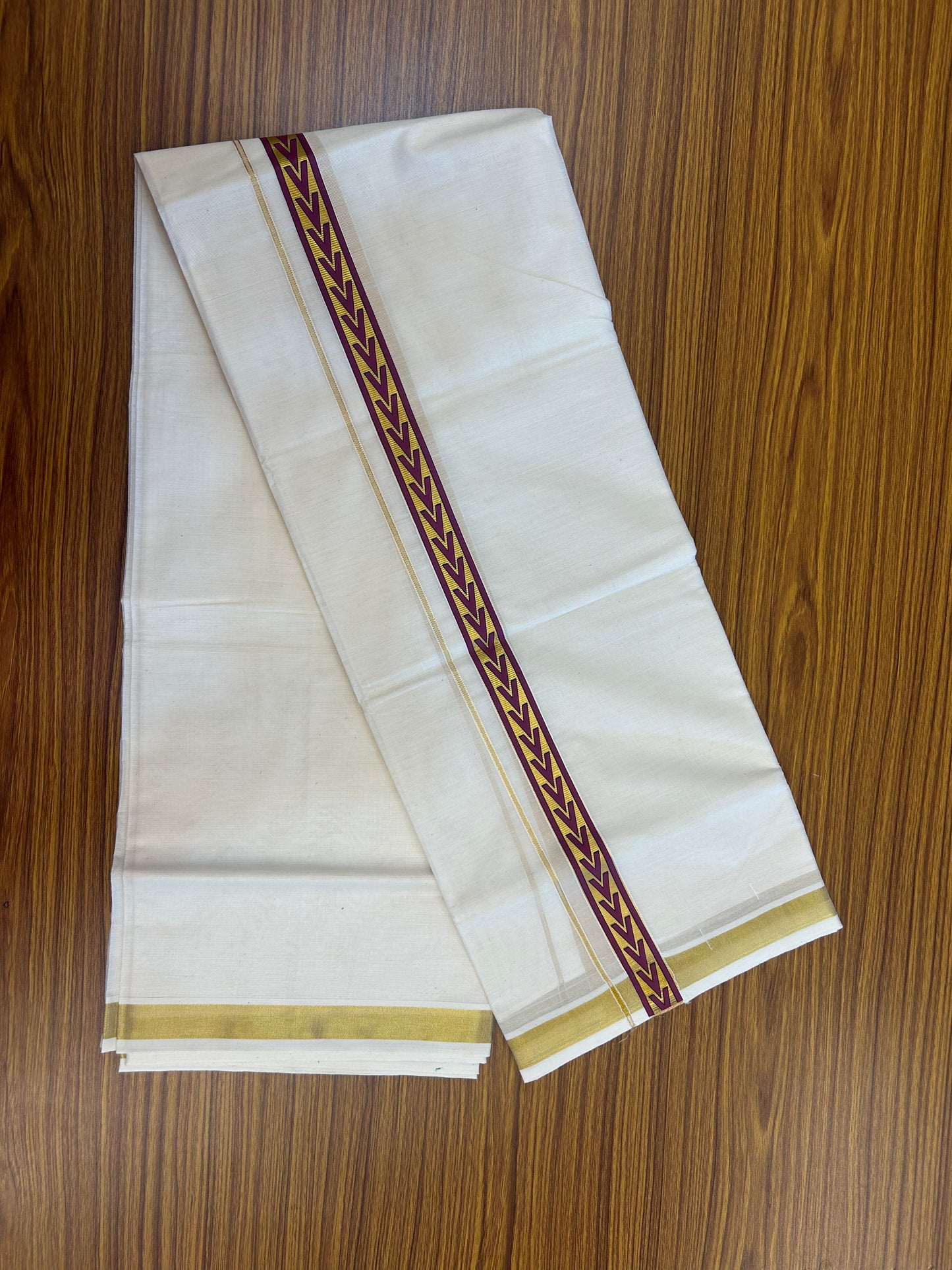 20% Discount!! KaithariKada Balaramapuram 100% Cotton Double Off White - (Unbleached) Mundu/Dhoti - 60x60 - 1 inch Gold Kasav with Purple & Navy Blue Arrow Printed Design Kara - 75 KK5362 GAN