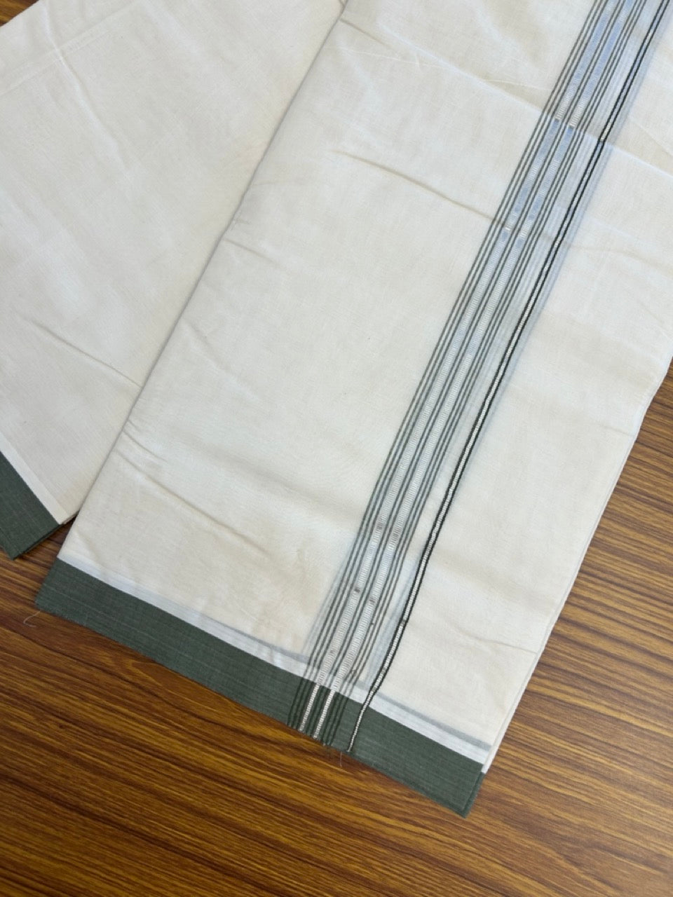 20% Discount KaithariKada Balaramapuram 100% Cotton Double Off white - (Unbleached) - Mundu/Dhoti - 100x100 - 1.25 inch Silver Kasav & Olive Green Shaded Striped Kara - 6 KK5303 ASH