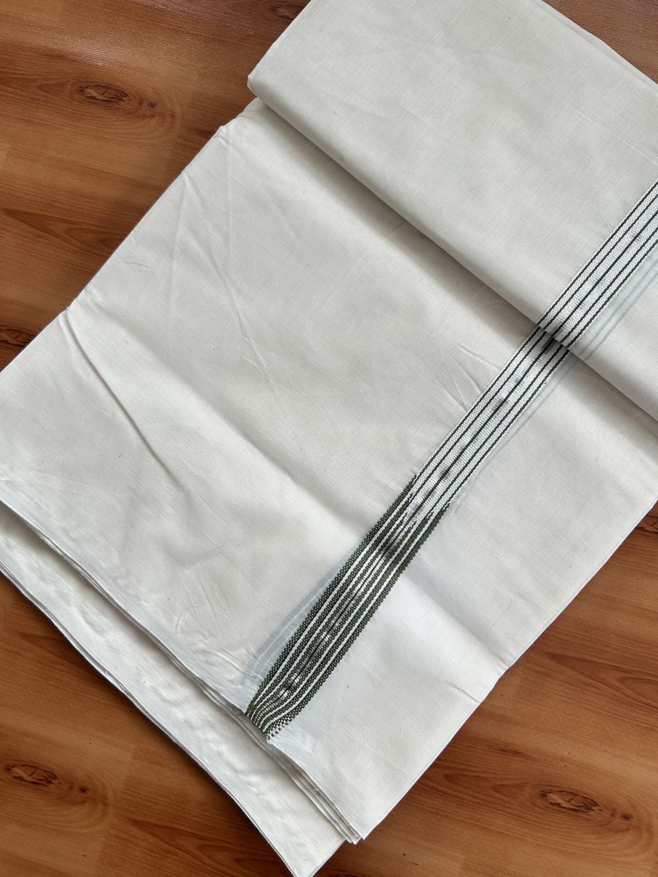 Double Off White (Unbleached) Mundu/Dhoti - 20% Discount !! KaithariKada Balaramapuram - 100% Cotton - 100X100 - 6 line 0.75 inch Silver Kasav & Olive Green Stripes chutty  (4.50 meter / 9.64 muzham) - 28 KK5392 ASH