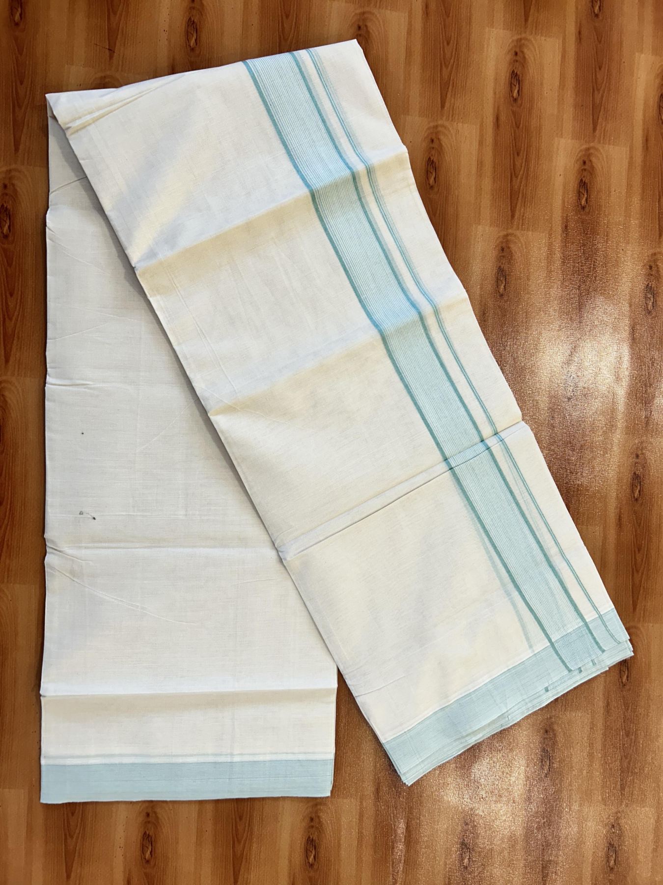 Double Off White (Unbleached) Mundu/Dhoti - 20% Discount! KaithariKada 100% Cotton - 100X80 - 1.75 inch Pestel Green Stripes Kara 4 mtr (8.5 Muzham) - 25 KK5451 THI