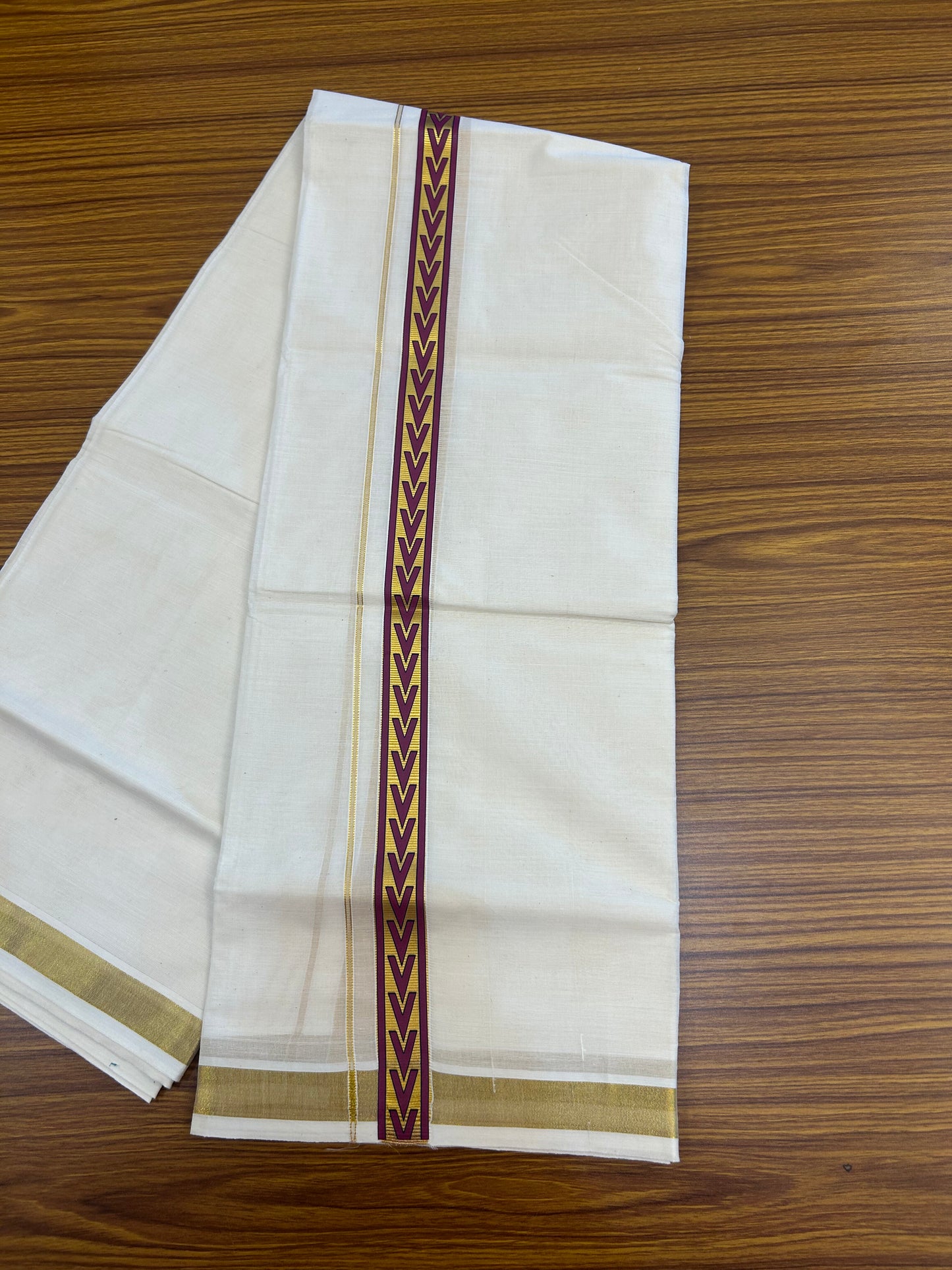 20% Discount!! KaithariKada Balaramapuram 100% Cotton Double Off White - (Unbleached) Mundu/Dhoti - 60x60 - 1 inch Gold Kasav with Purple & Navy Blue Arrow Printed Design Kara - 75 KK5362 GAN